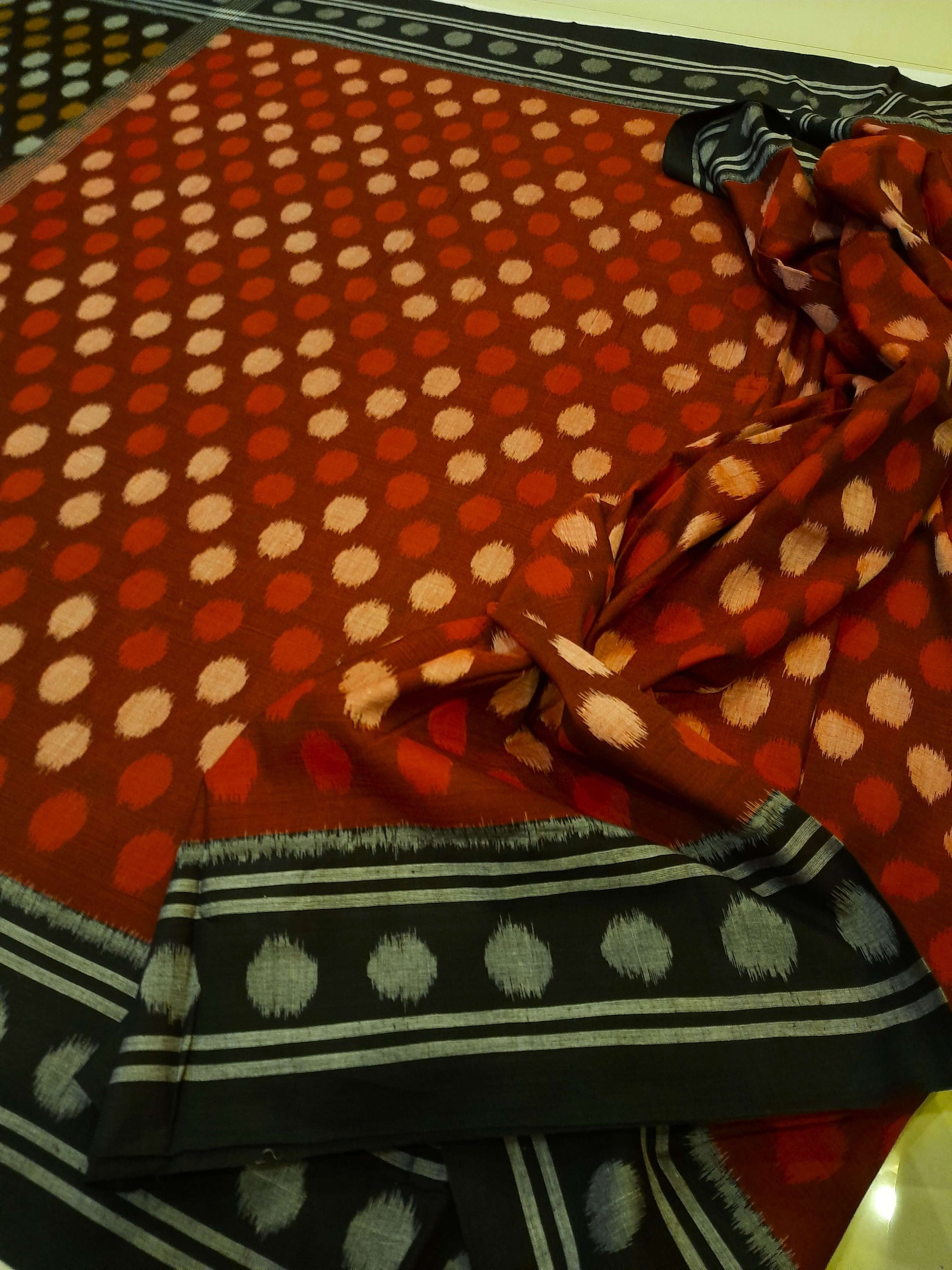 Maroon Polka dot Cotton Odisha Ikat saree with cotton ikat blouse piece