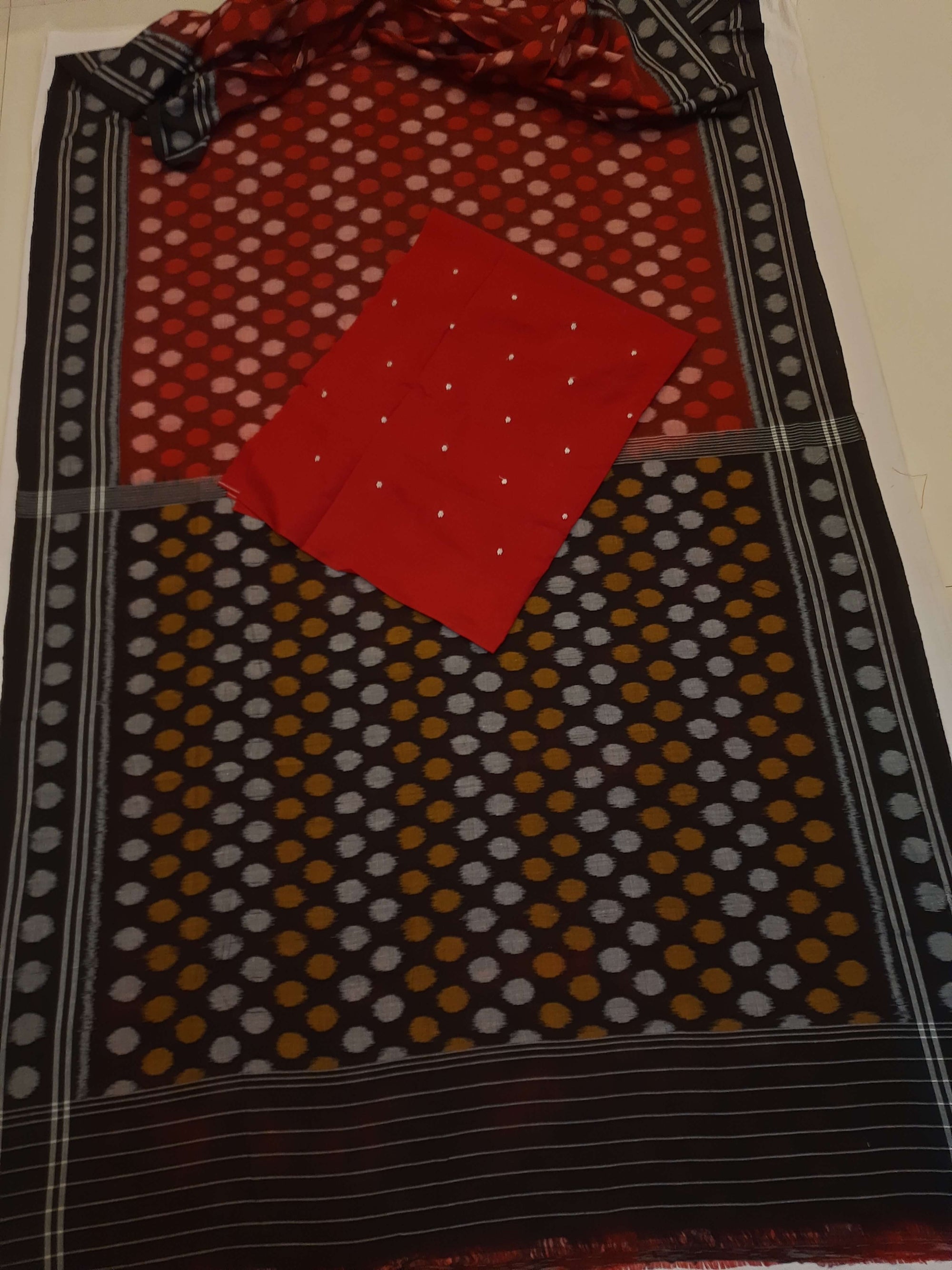Maroon Polka dot Cotton Odisha Ikat saree with cotton ikat blouse piece
