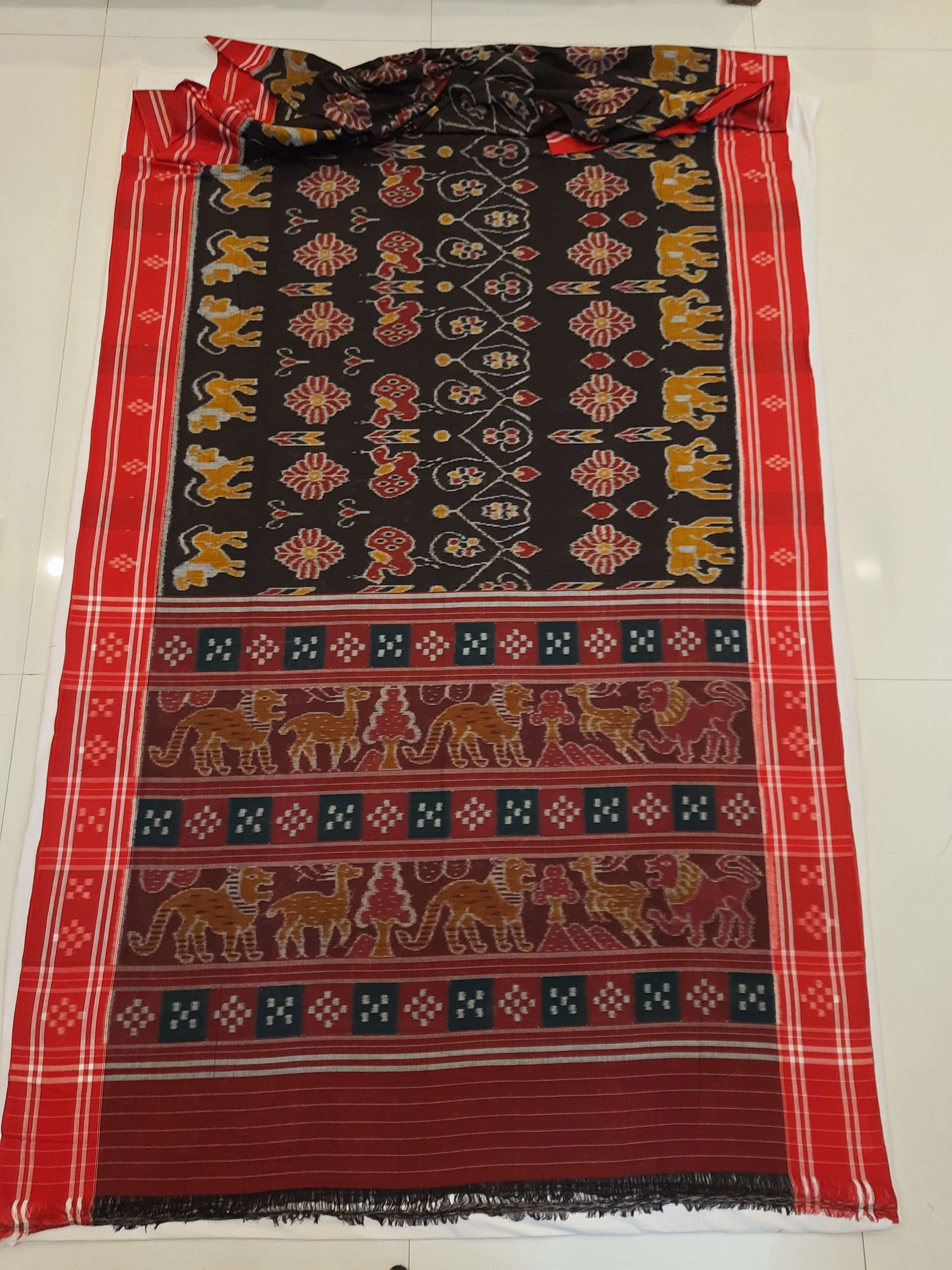 Black cotton ikat Saree with mix match red cotton Ikat blouse