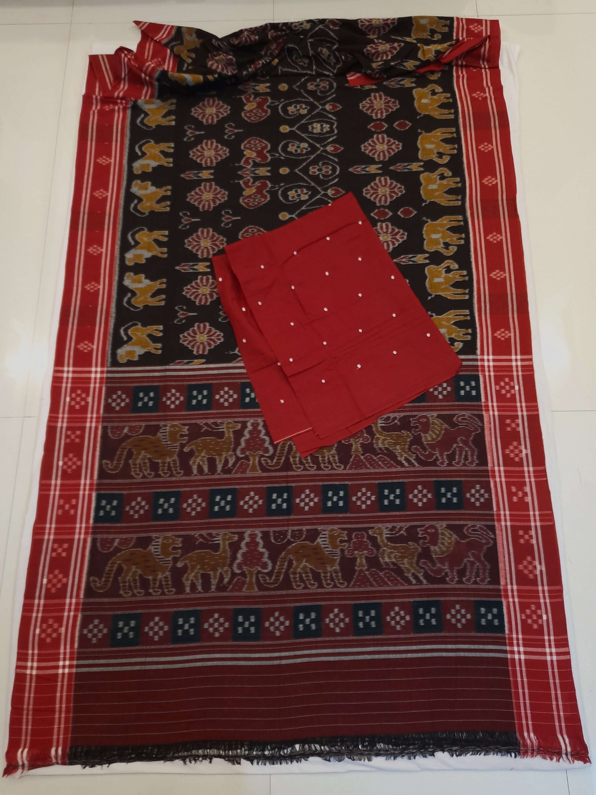 Black cotton ikat Saree with mix match red cotton Ikat blouse