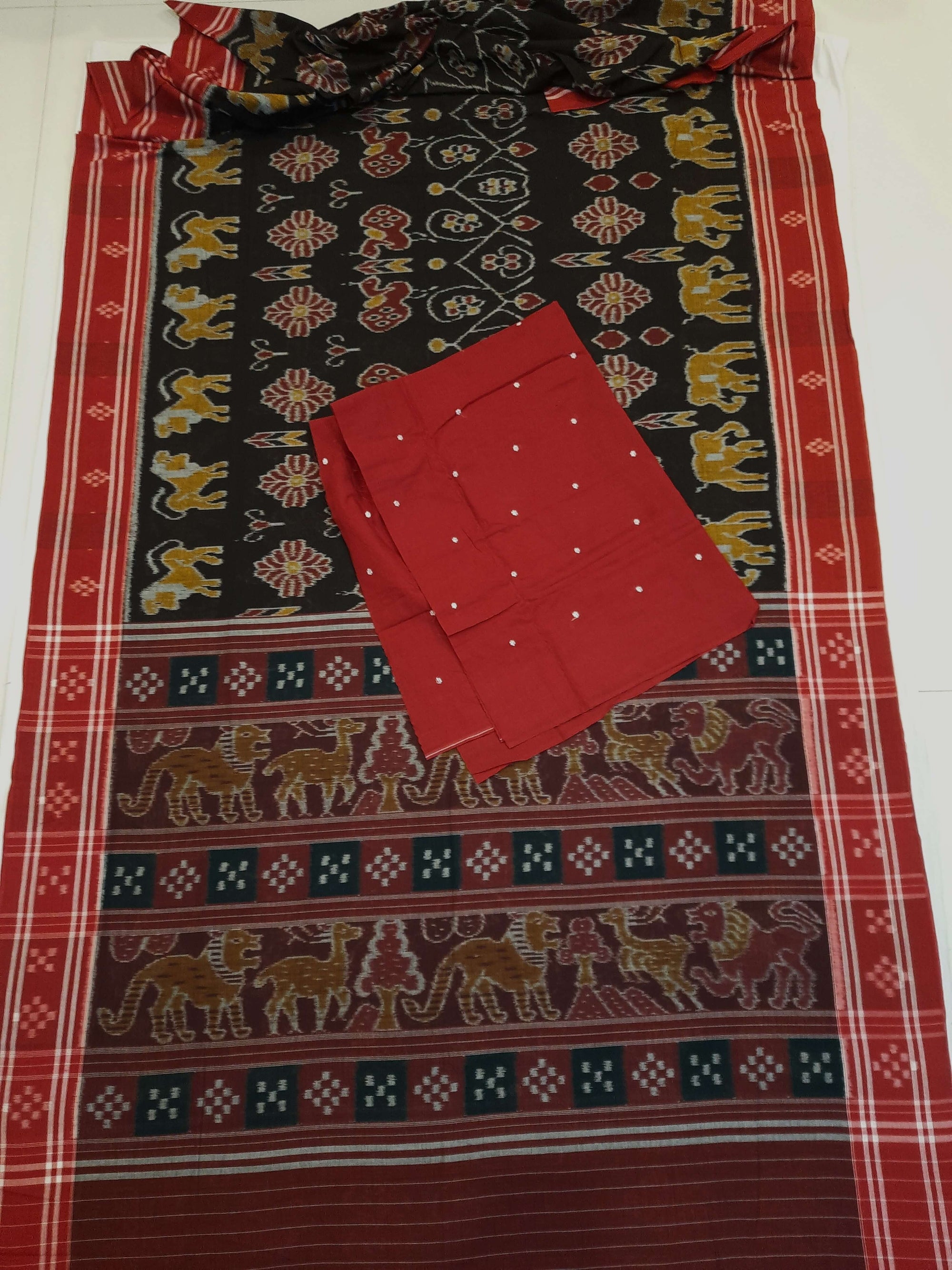 Black cotton ikat Saree with mix match red cotton Ikat blouse