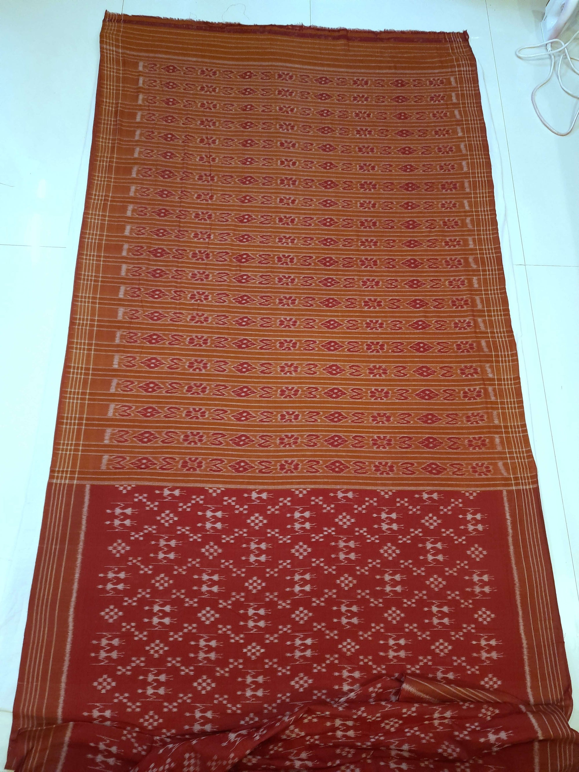 Maroon cotton ikat wide border Saree with cotton ikat blouse piece