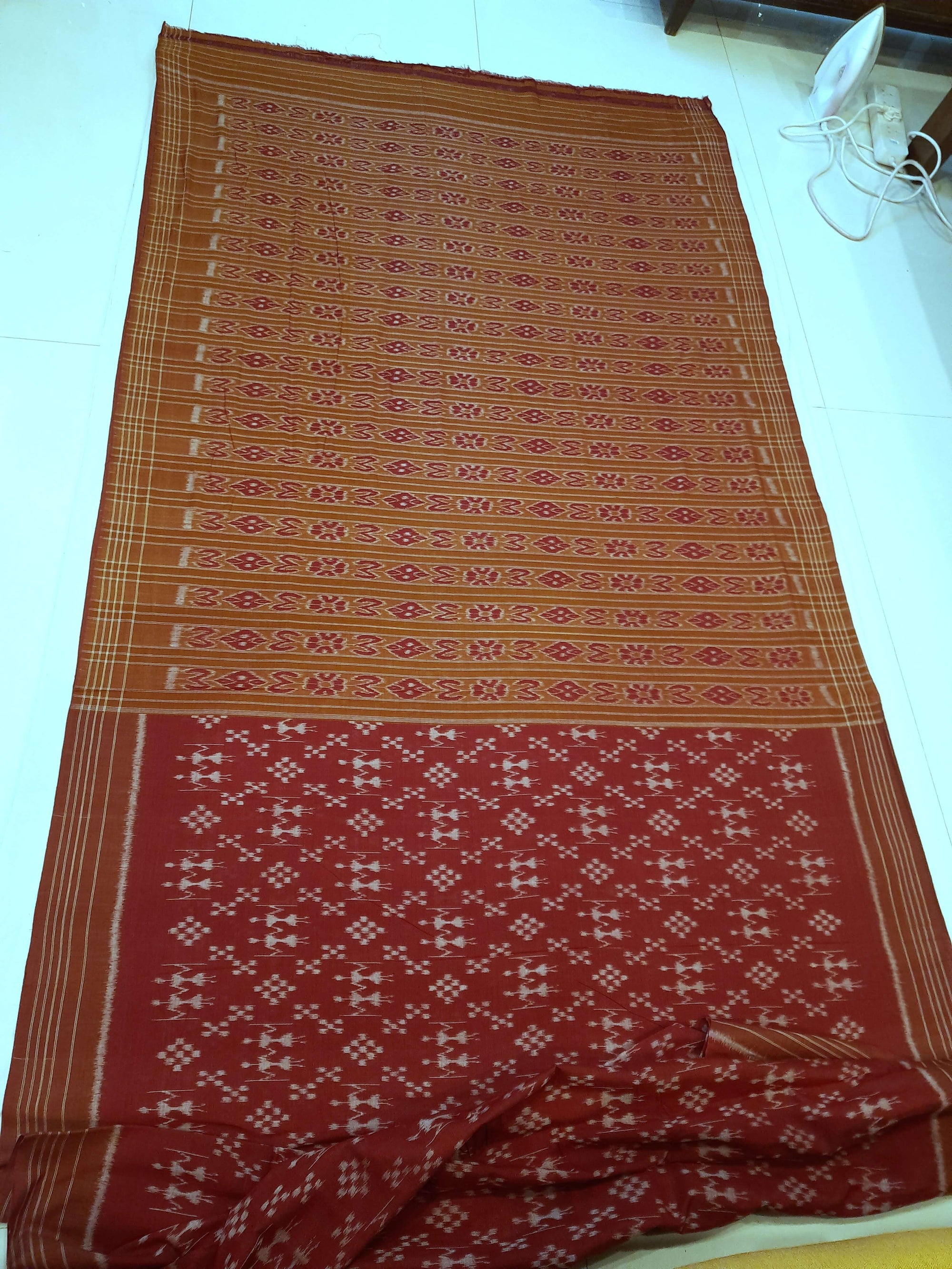 Maroon cotton ikat wide border Saree with cotton ikat blouse piece