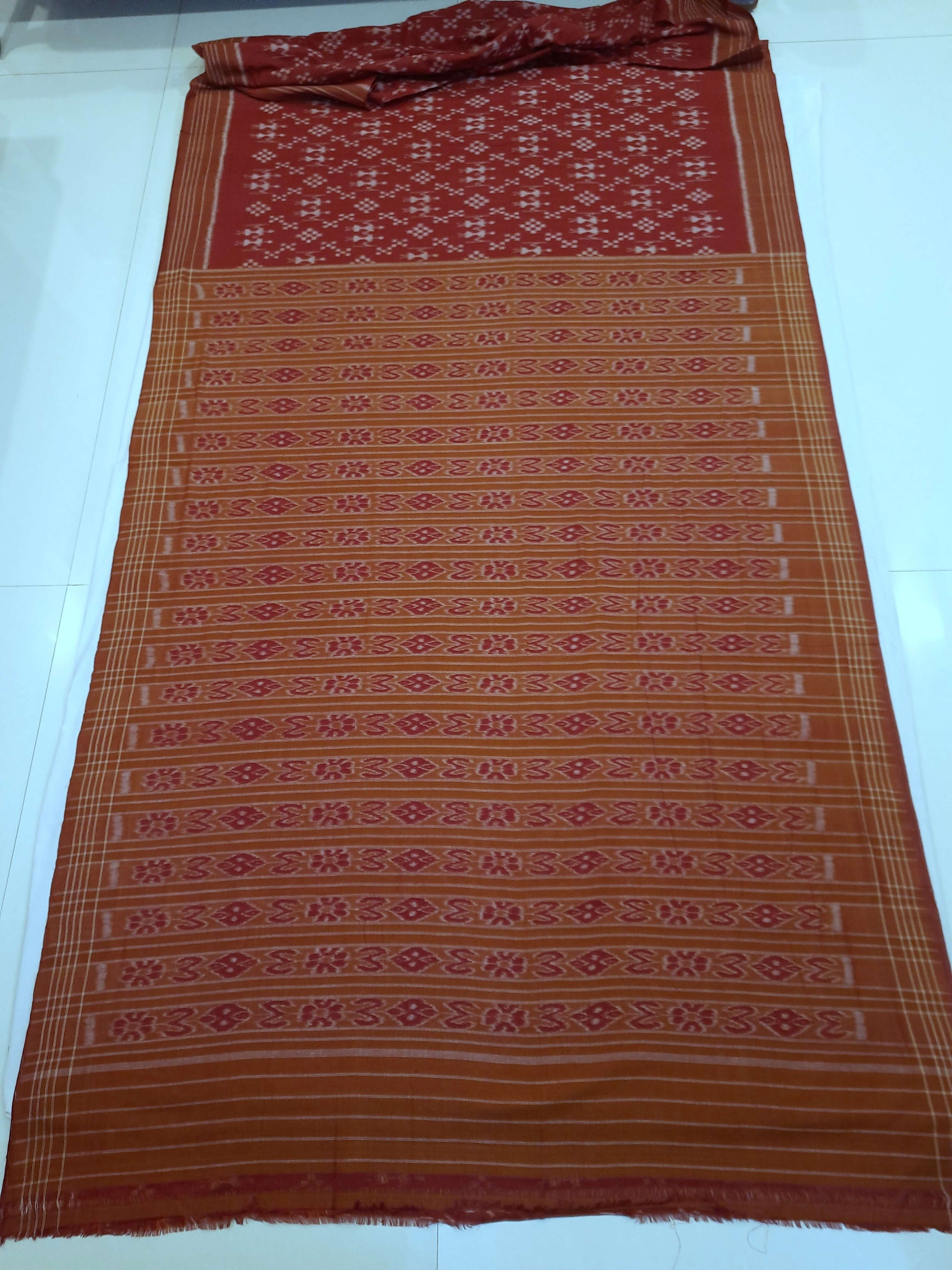 Maroon cotton ikat wide border Saree with cotton ikat blouse piece