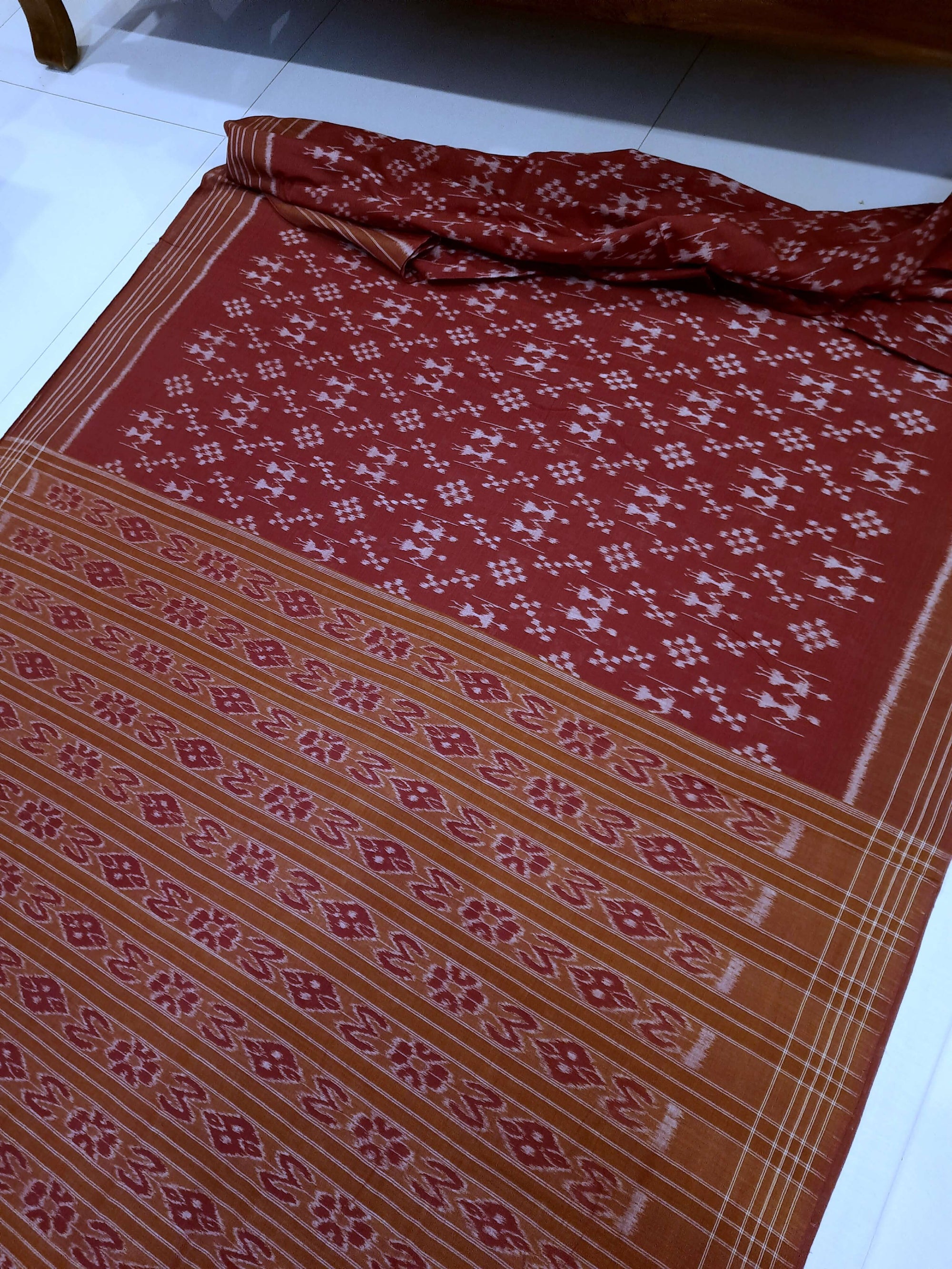 Maroon cotton ikat wide border Saree with cotton ikat blouse piece