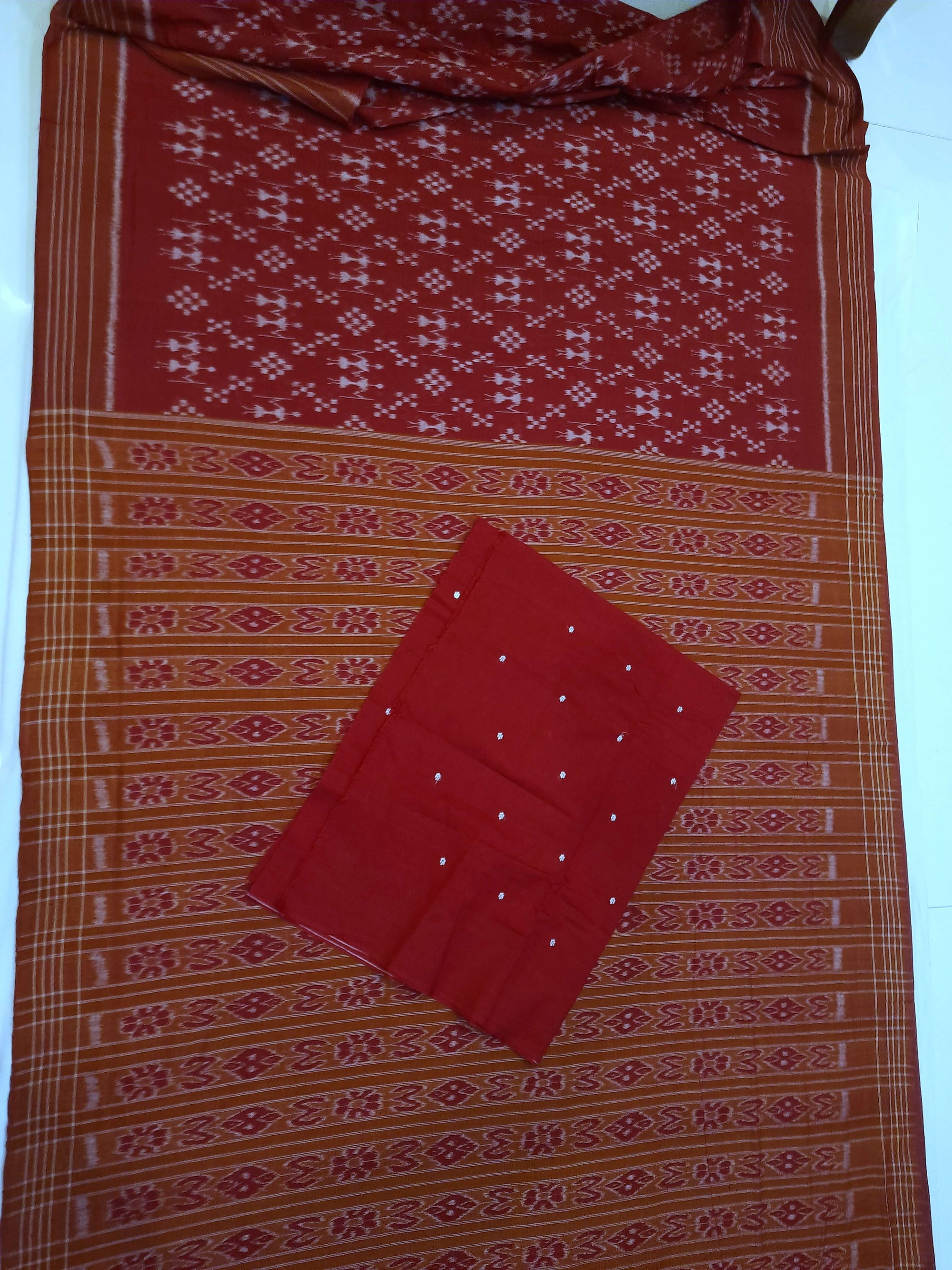 Maroon cotton ikat wide border Saree with cotton ikat blouse piece