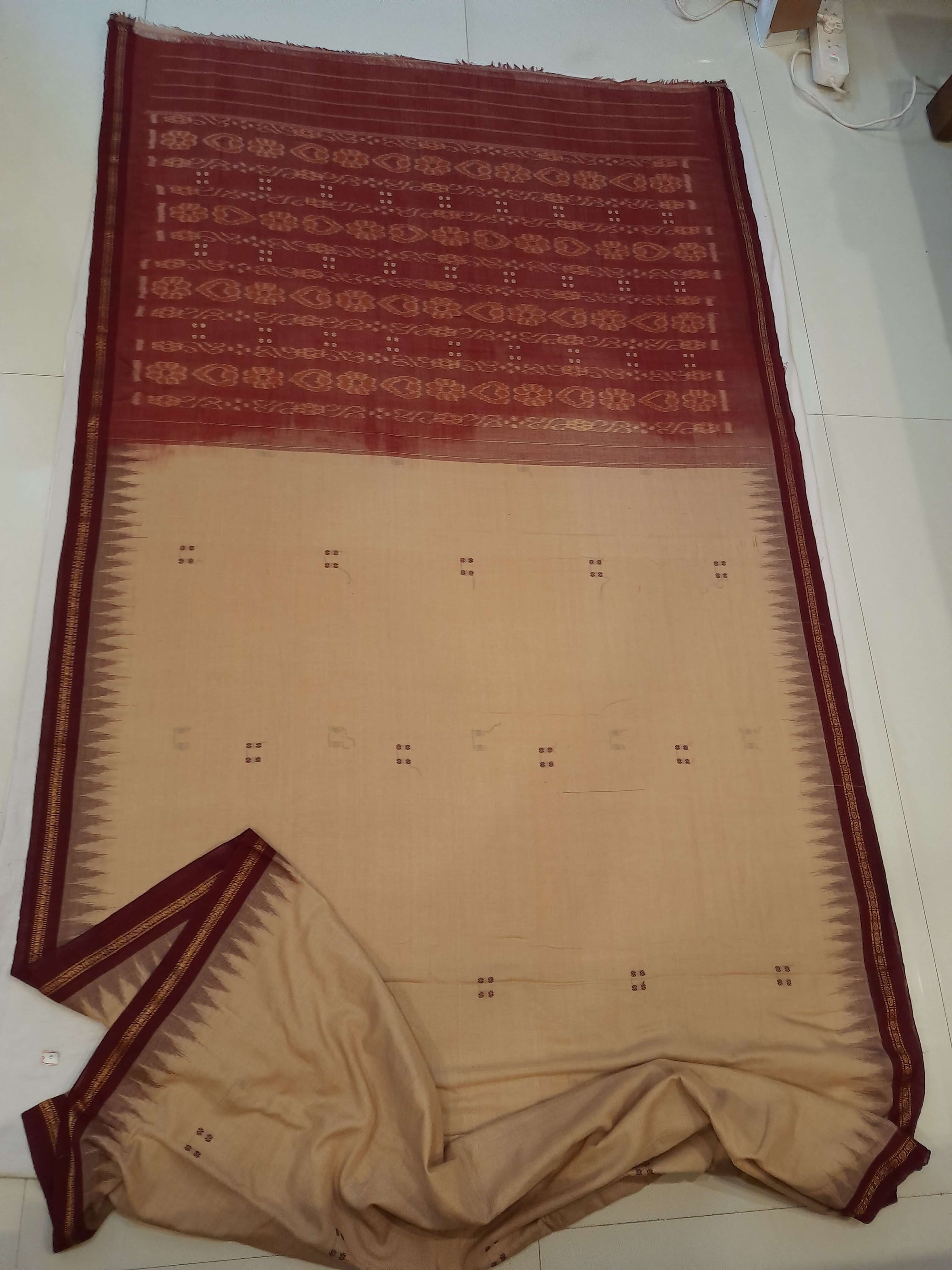 Beige with Maroon Cotton Odisha Ikat saree with cotton ikat blouse piece