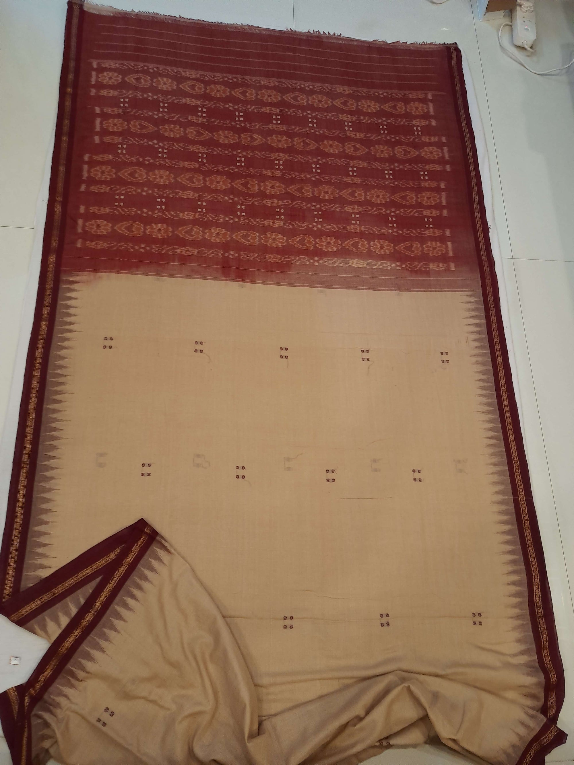 Beige with Maroon Cotton Odisha Ikat saree with cotton ikat blouse piece