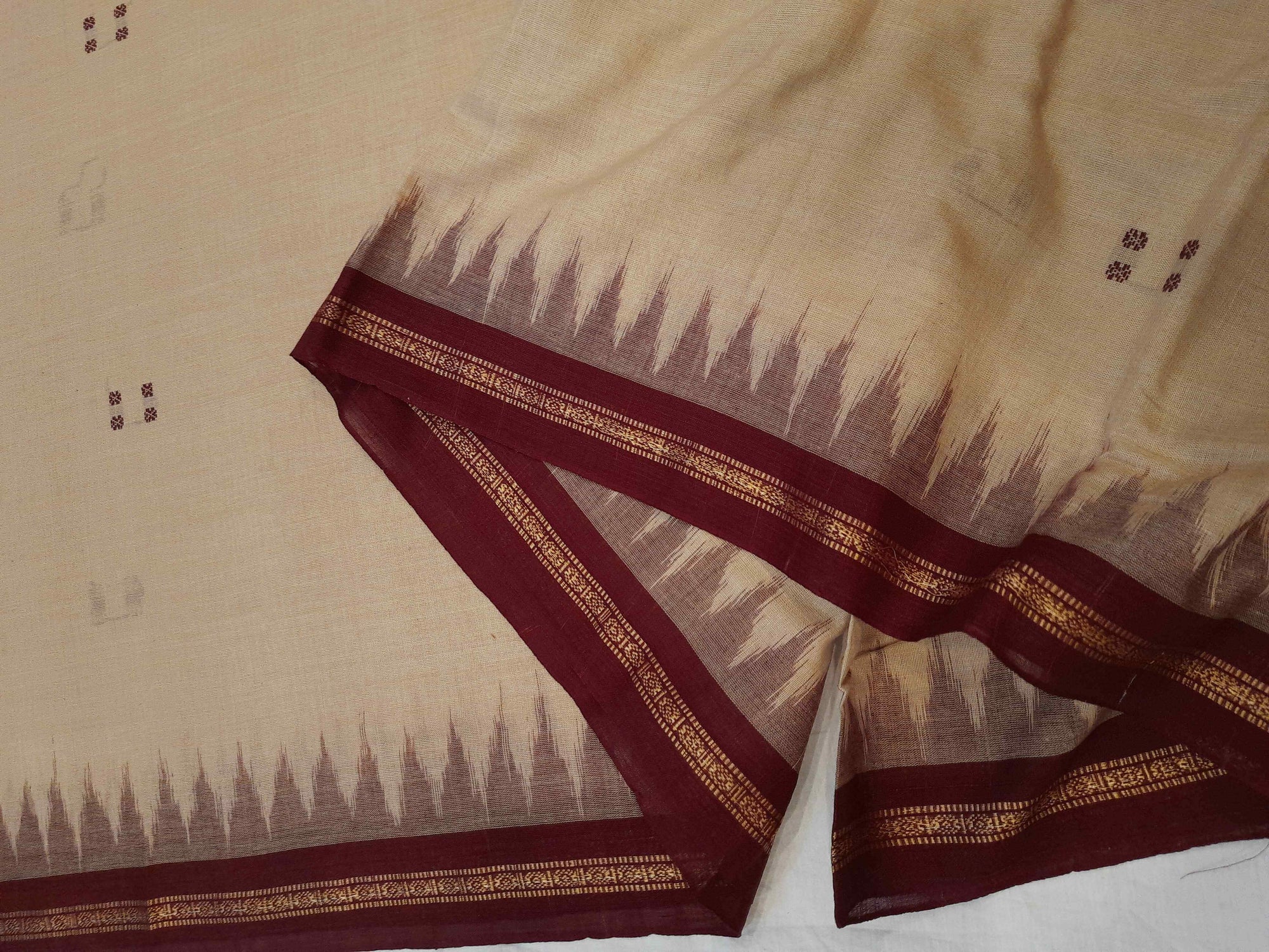 Beige with Maroon Cotton Odisha Ikat saree with cotton ikat blouse piece