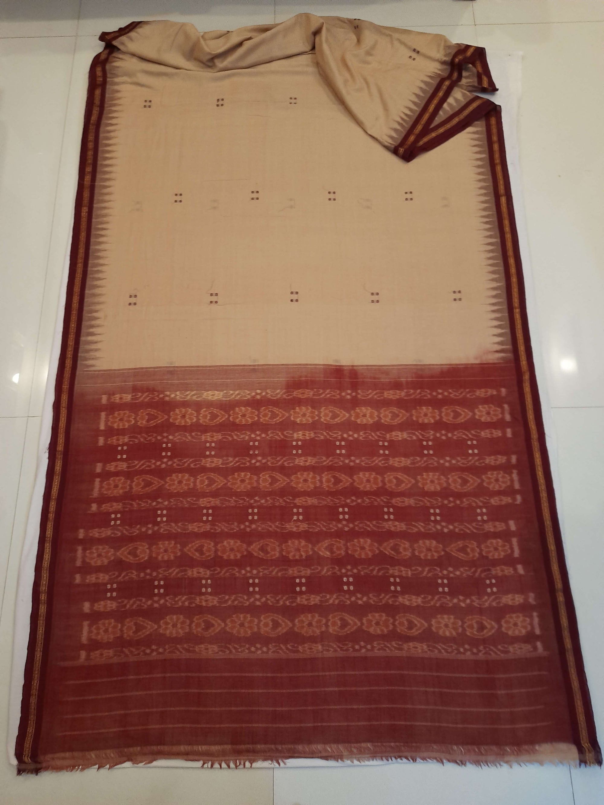 Beige with Maroon Cotton Odisha Ikat saree with cotton ikat blouse piece