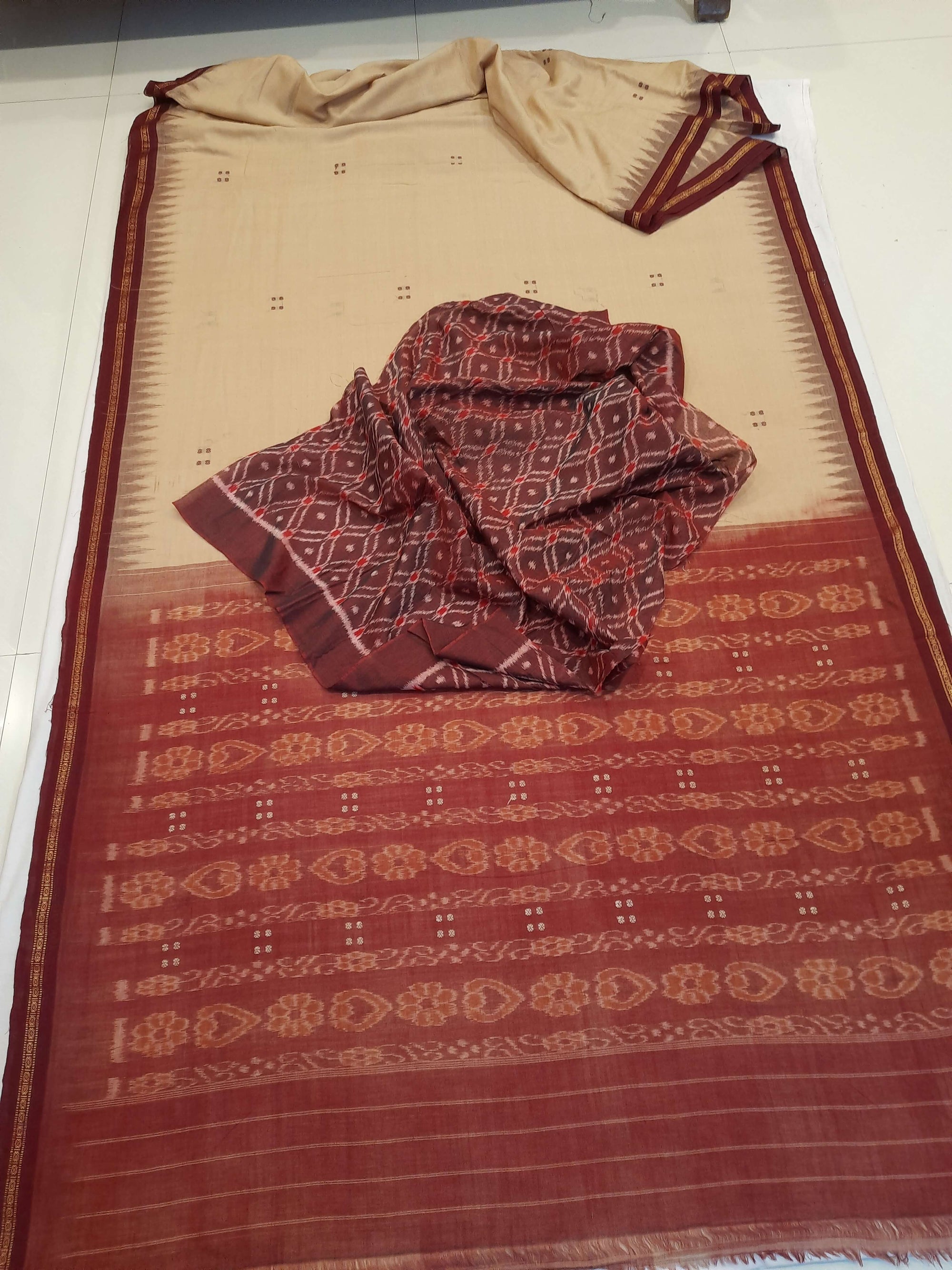 Beige with Maroon Cotton Odisha Ikat saree with cotton ikat blouse piece