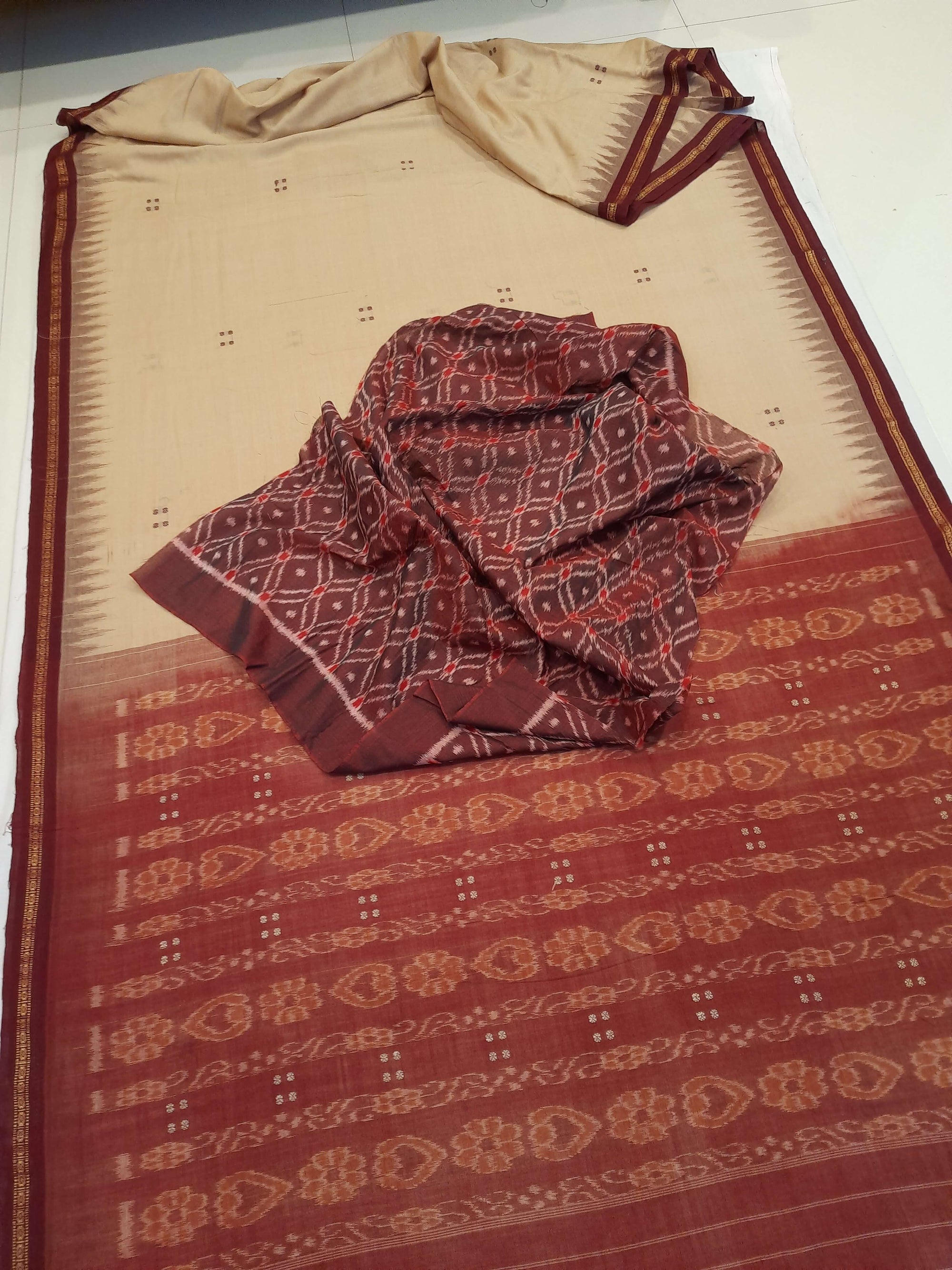 Beige with Maroon Cotton Odisha Ikat saree with cotton ikat blouse piece