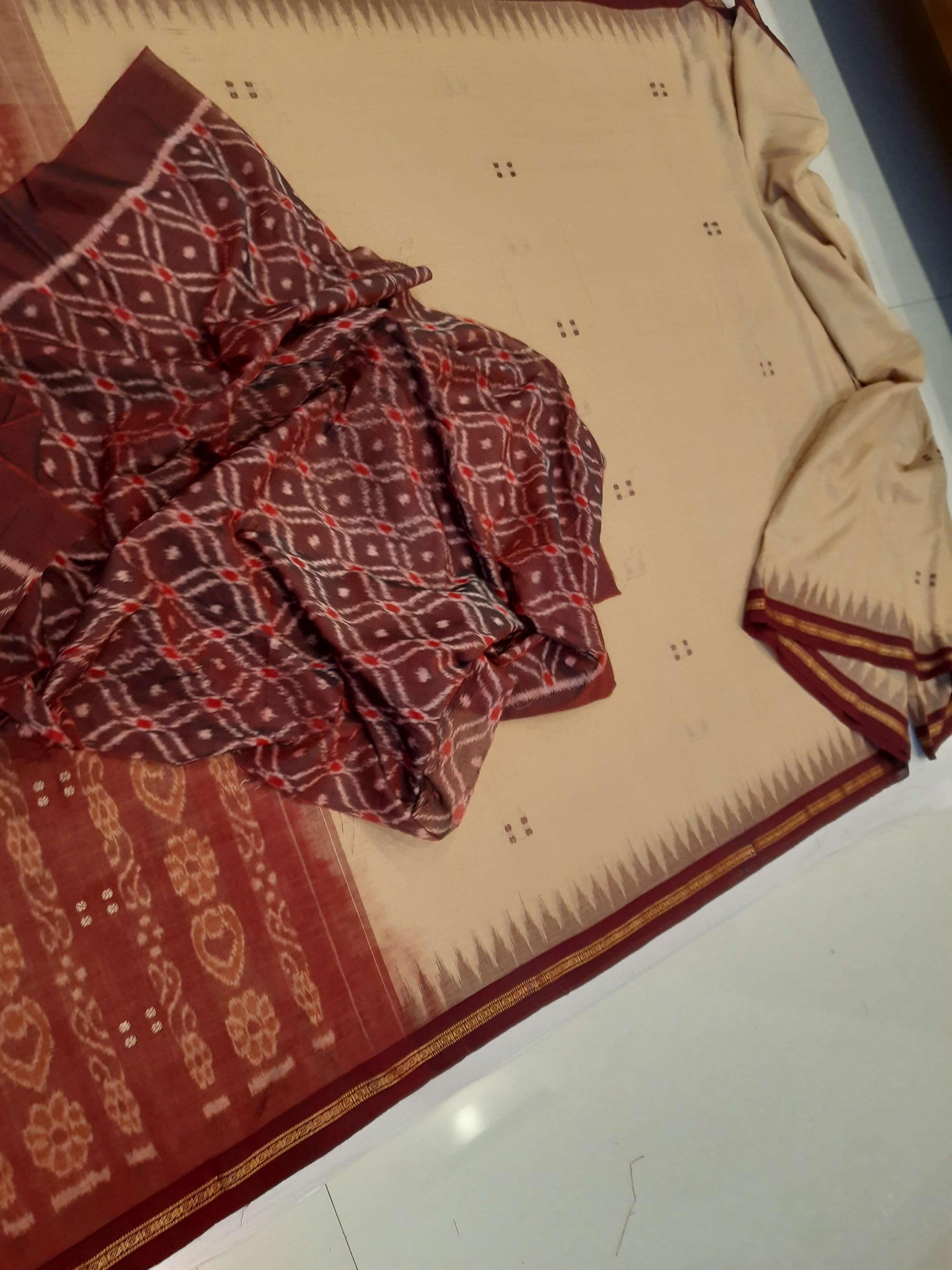 Beige with Maroon Cotton Odisha Ikat saree with cotton ikat blouse piece