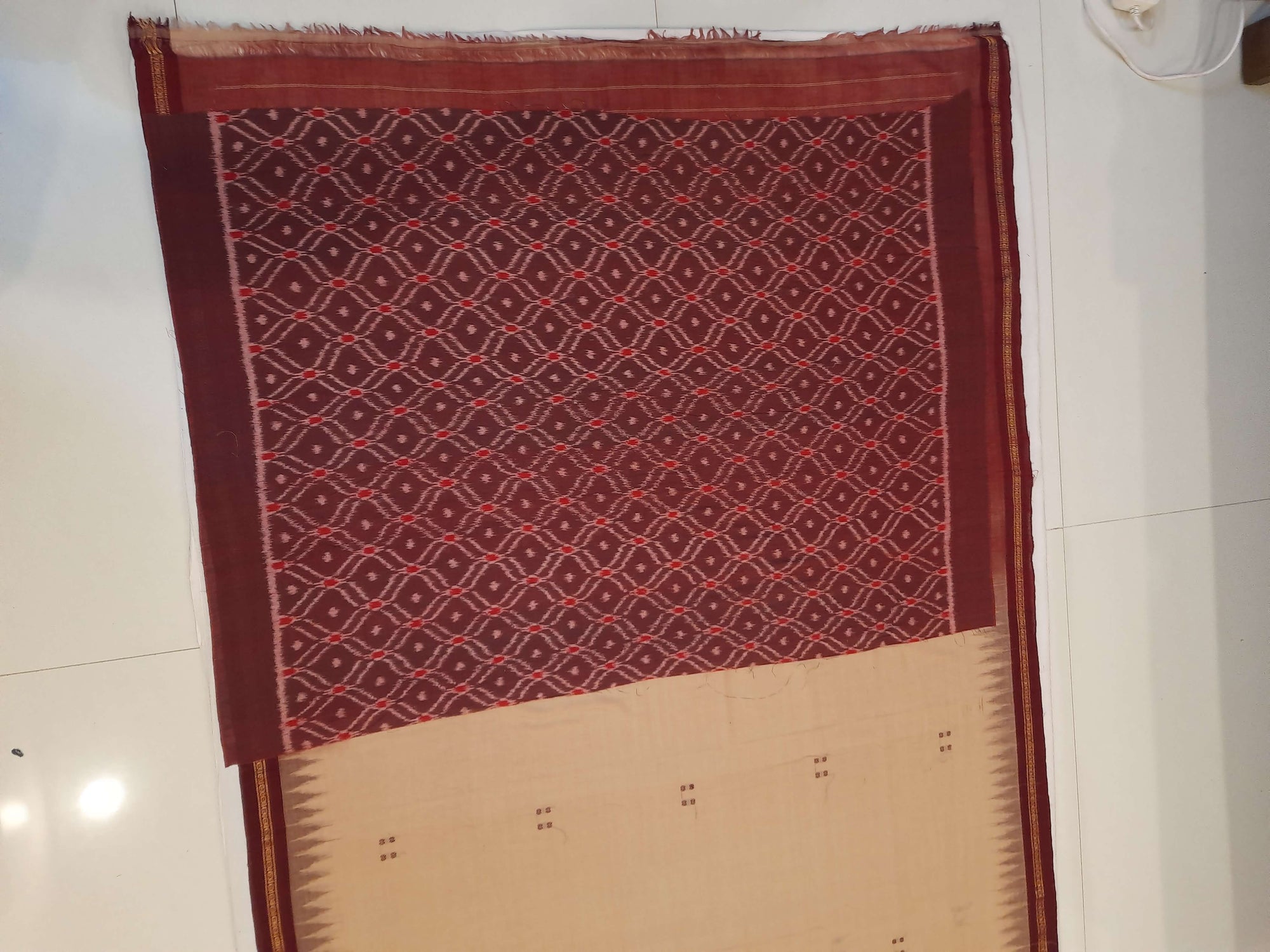 Beige with Maroon Cotton Odisha Ikat saree with cotton ikat blouse piece