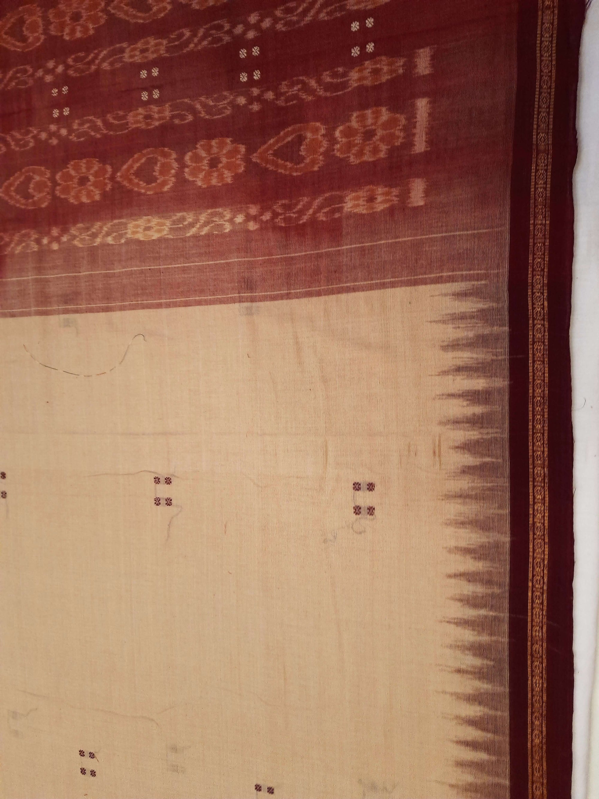 Beige with Maroon Cotton Odisha Ikat saree with cotton ikat blouse piece