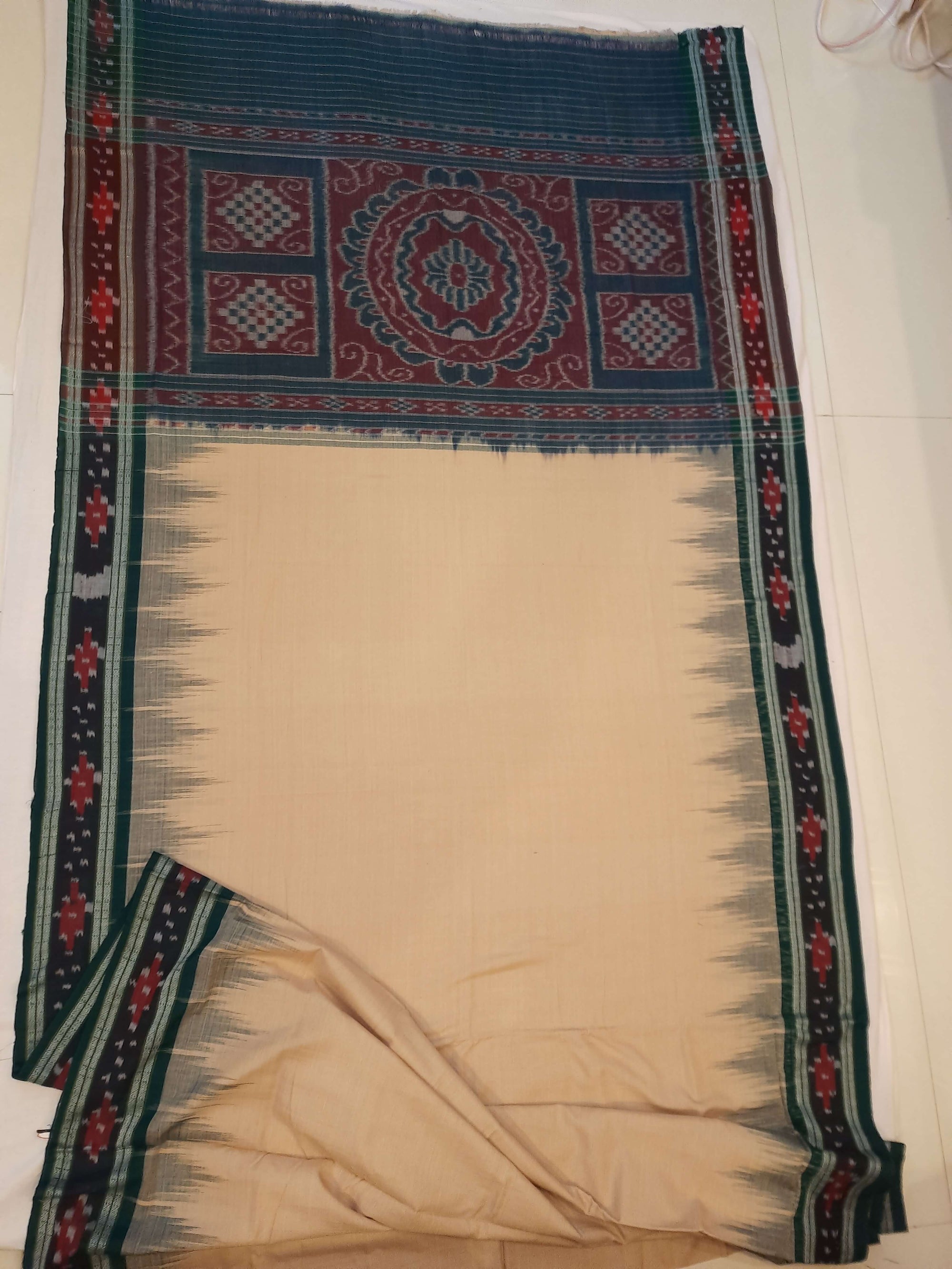 Beige with Green Cotton Odisha Ikat saree with cotton ikat blouse piece