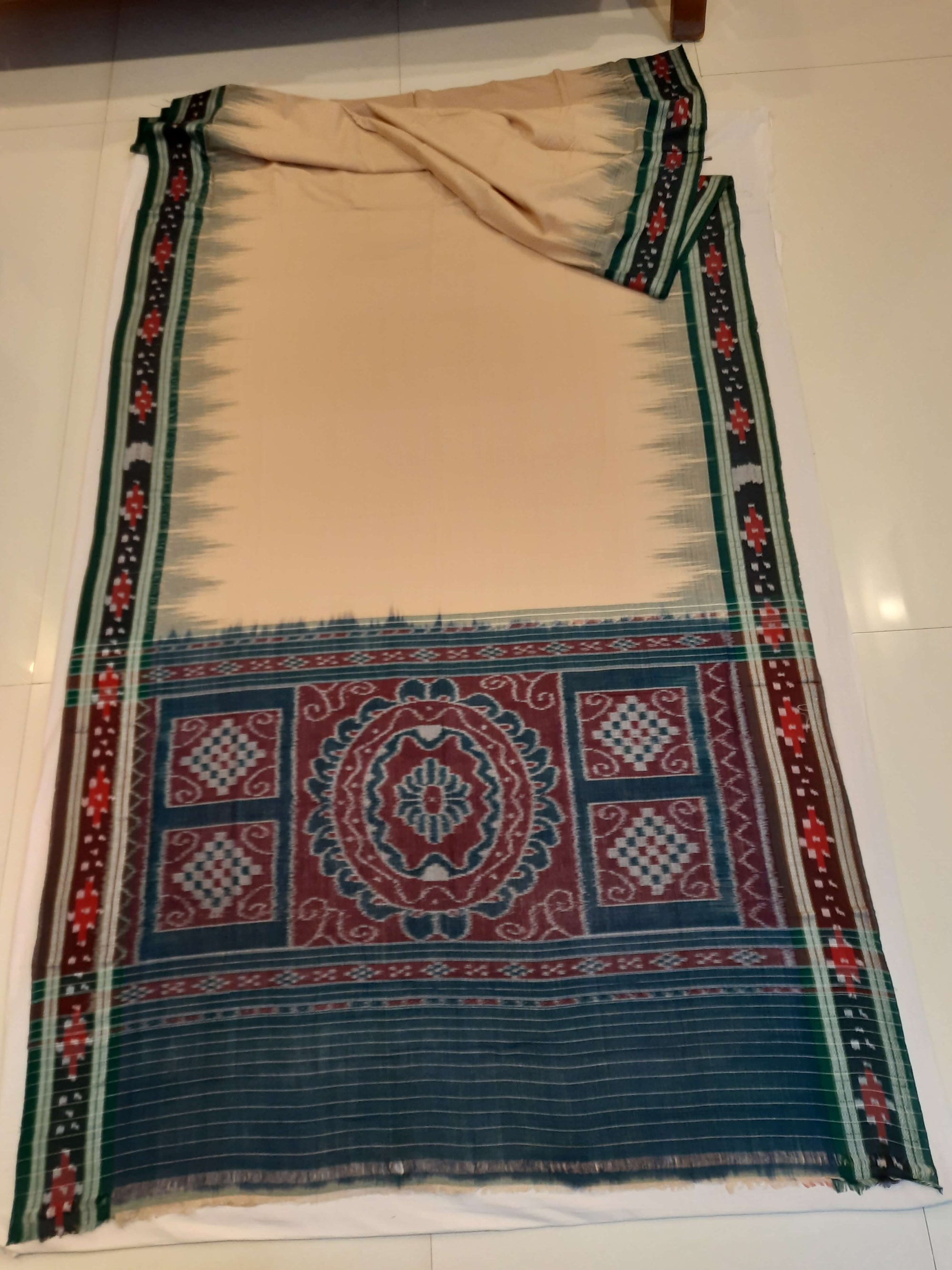 Beige with Green Cotton Odisha Ikat saree with cotton ikat blouse piece