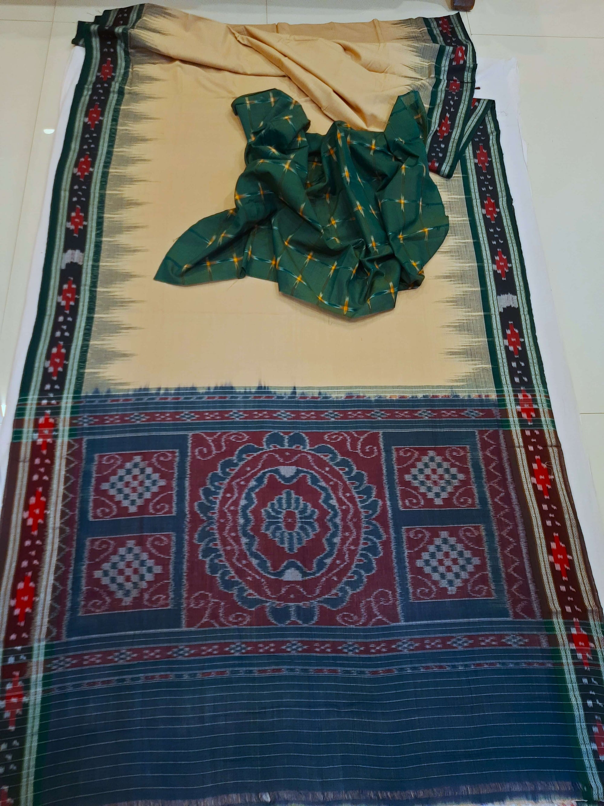 Beige with Green Cotton Odisha Ikat saree with cotton ikat blouse piece