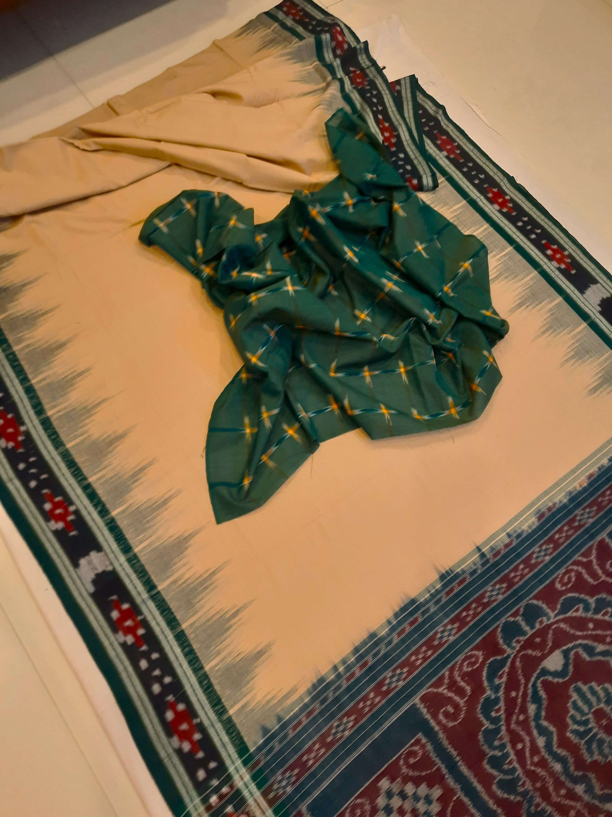 Beige with Green Cotton Odisha Ikat saree with cotton ikat blouse piece