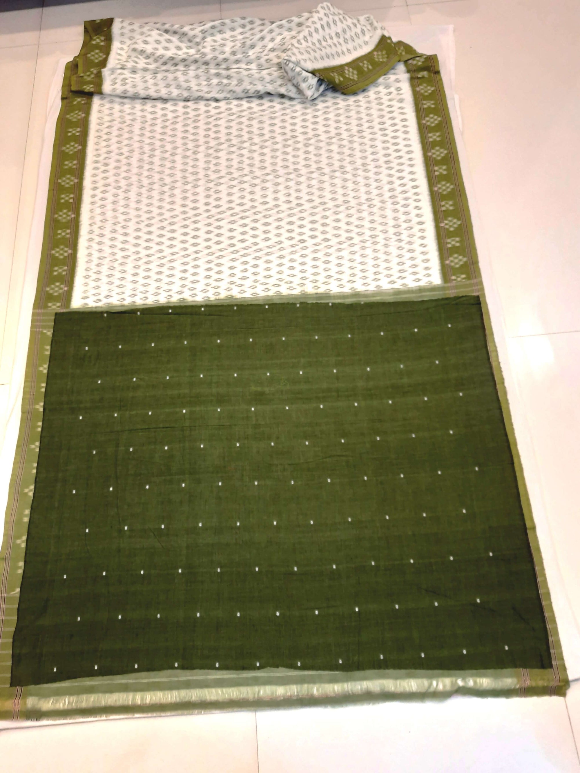 White with Mehendi Green Cotton Odisha Ikat saree with cotton ikat blouse piece