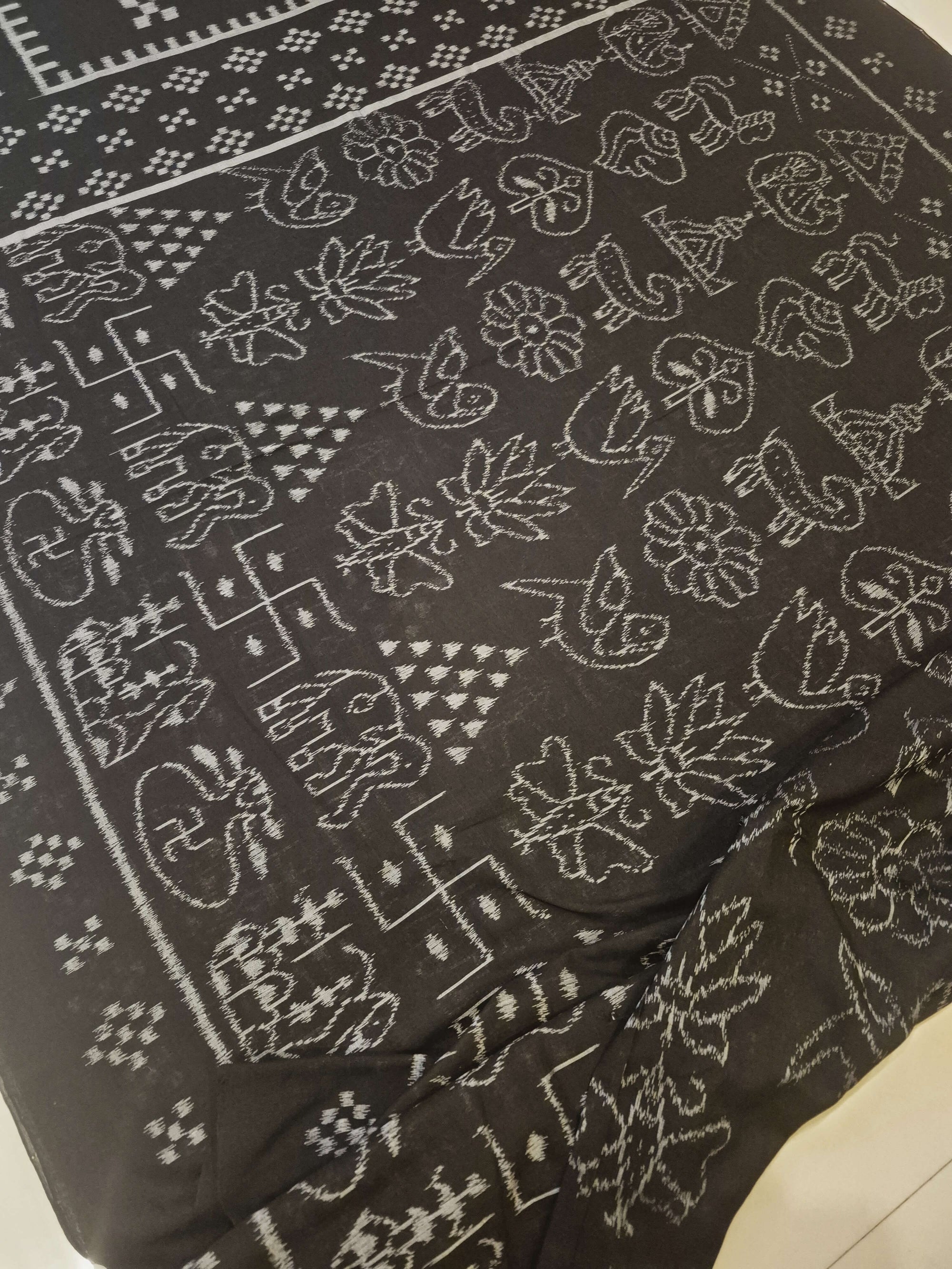 Black Nabakothi Pattern ikat cotton Saree with mix match cotton Ikat blouse