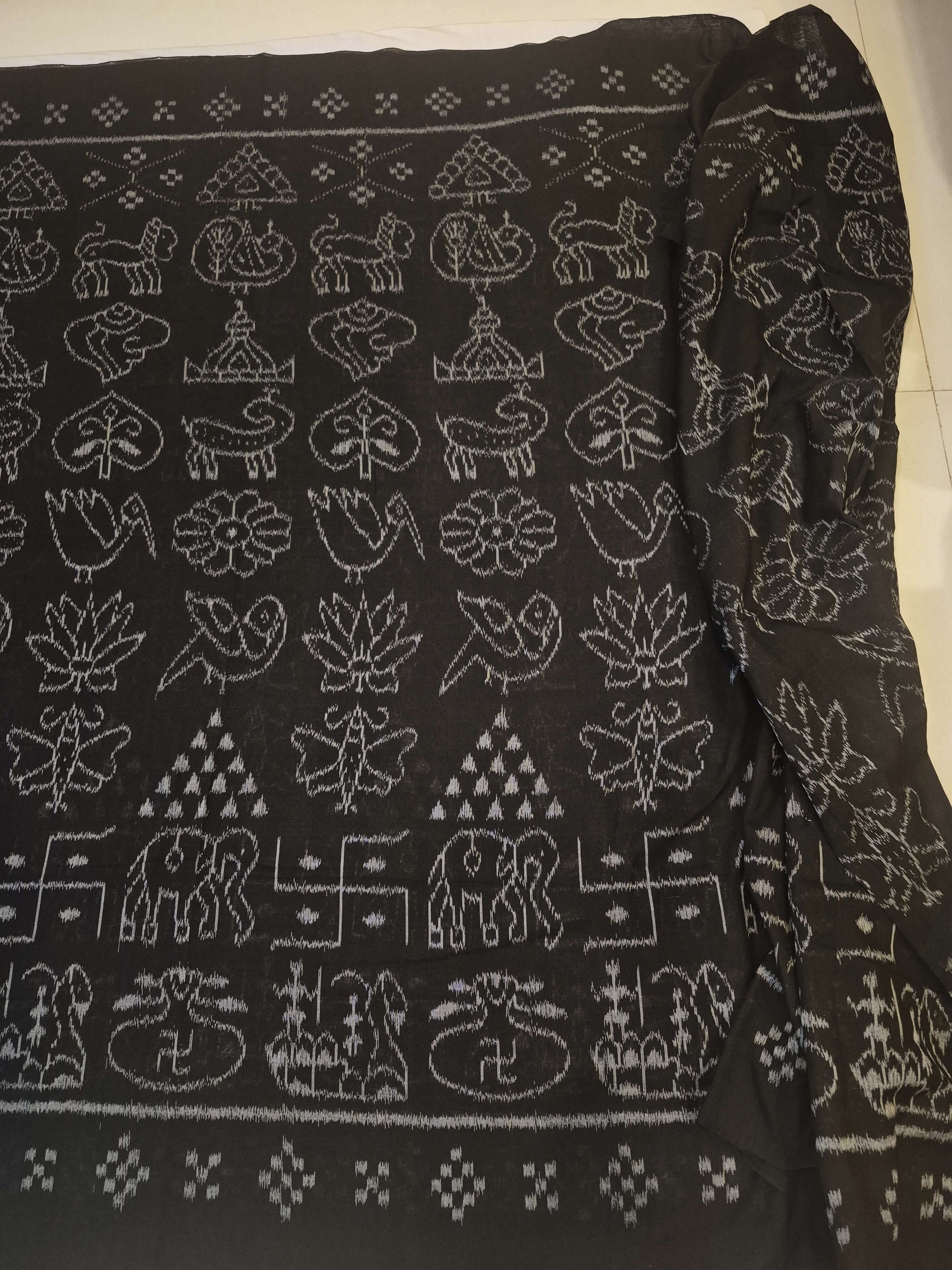 Black Nabakothi Pattern ikat cotton Saree with mix match cotton Ikat blouse