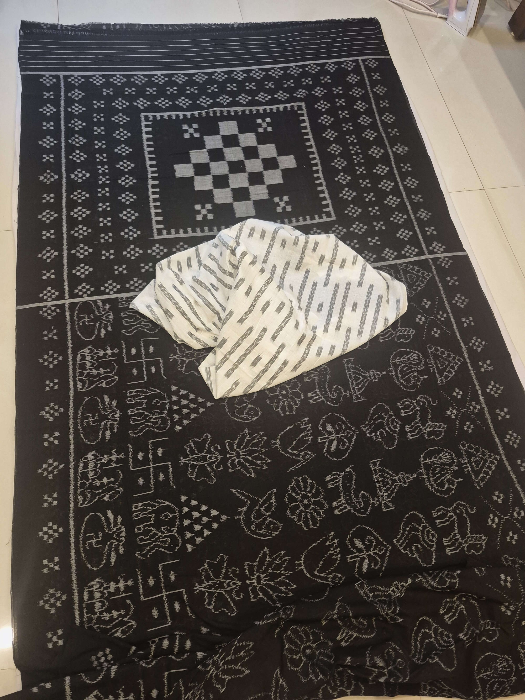 Black Nabakothi Pattern ikat cotton Saree with mix match cotton Ikat blouse