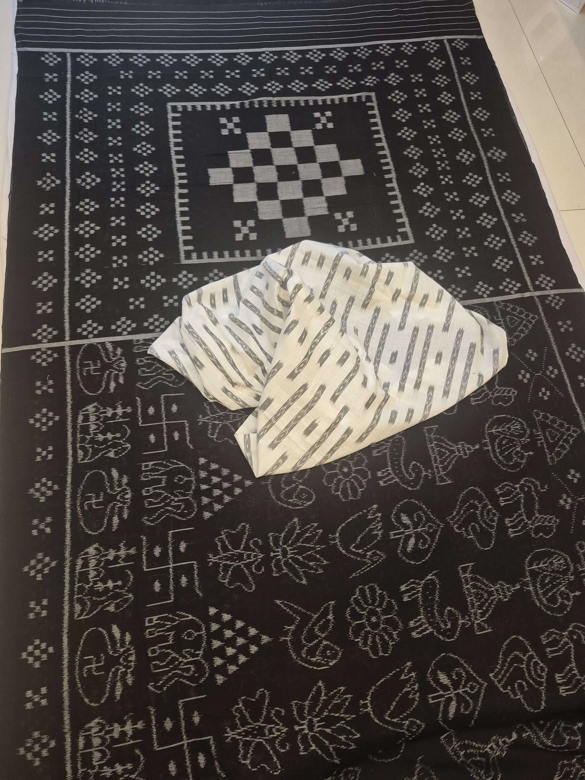 Black Nabakothi Pattern ikat cotton Saree with mix match cotton Ikat blouse