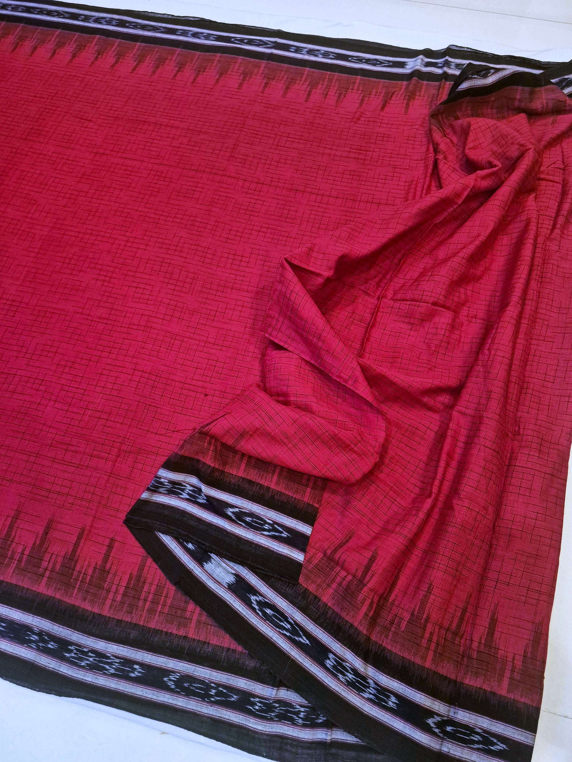 Red with Black Cotton Odisha Ikat saree with mix match cotton ikat blouse piece