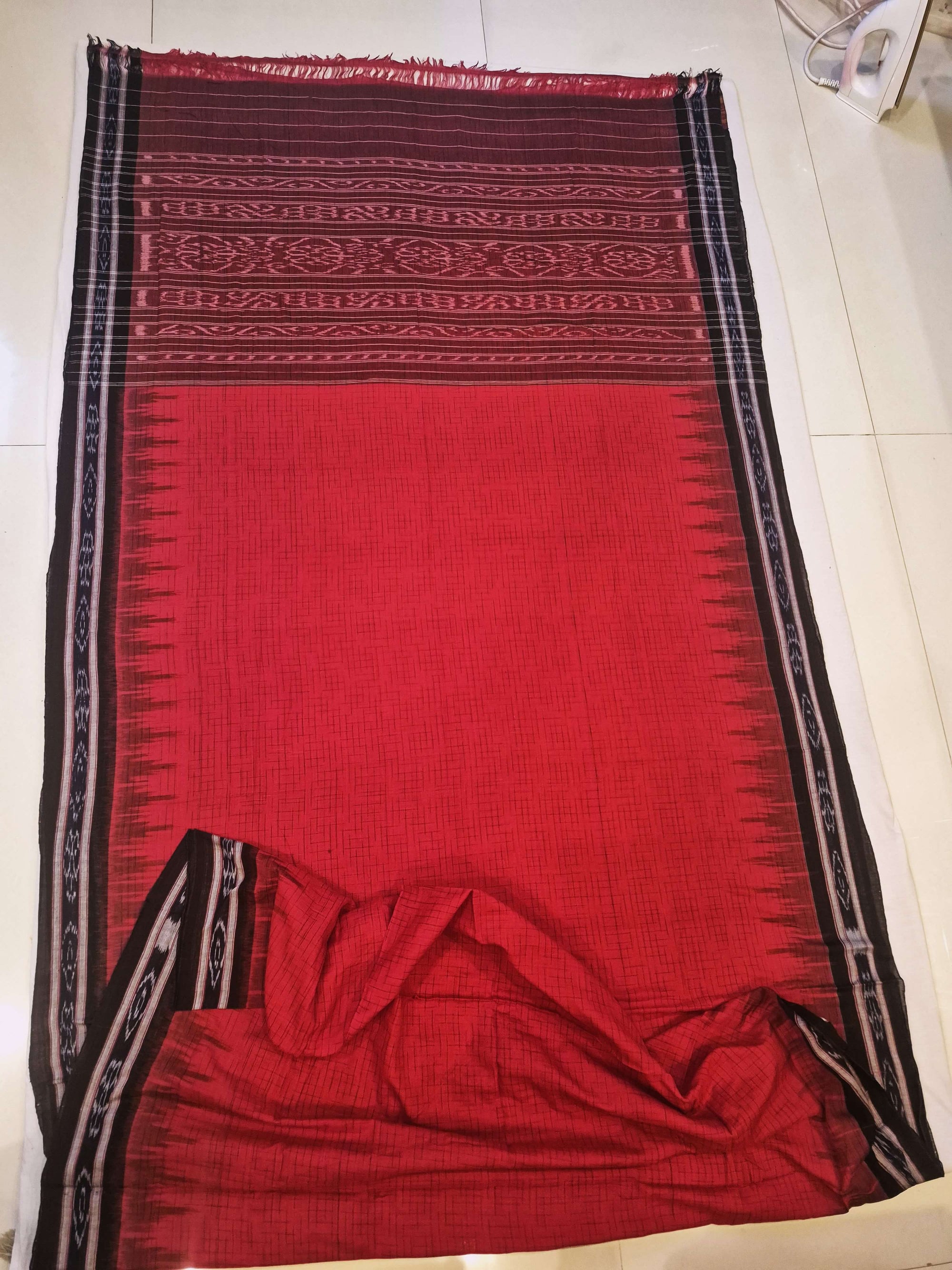 Red with Black Cotton Odisha Ikat saree with mix match cotton ikat blouse piece