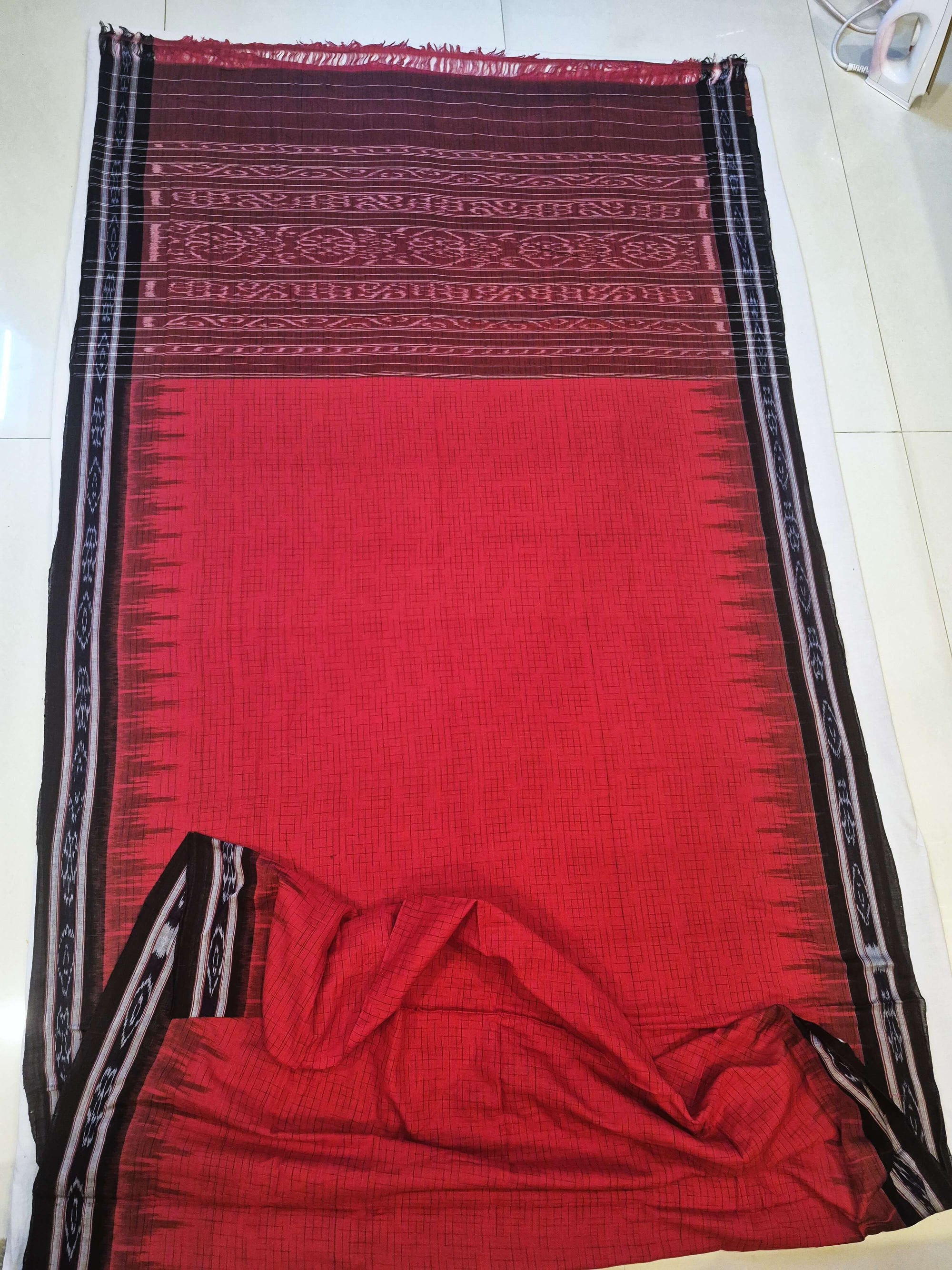 Red with Black Cotton Odisha Ikat saree with mix match cotton ikat blouse piece