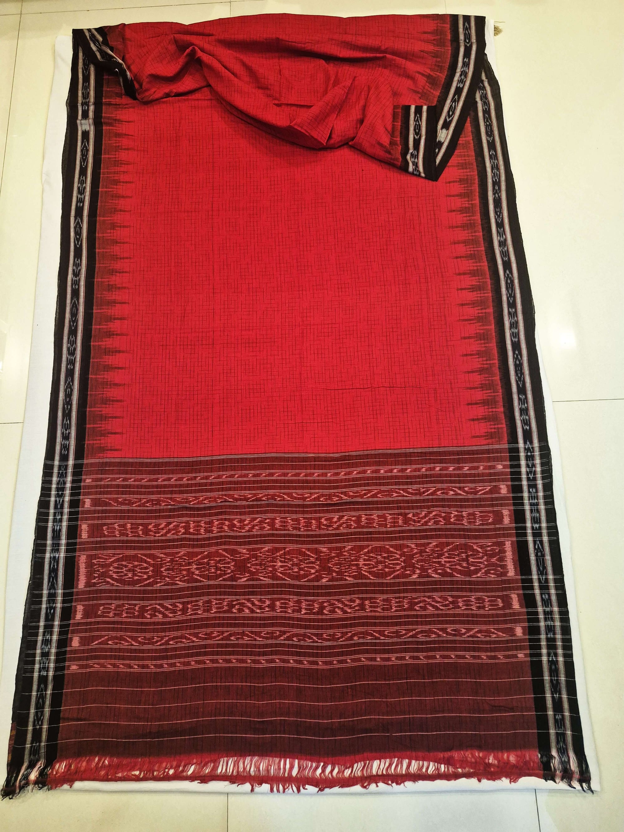 Red with Black Cotton Odisha Ikat saree with mix match cotton ikat blouse piece