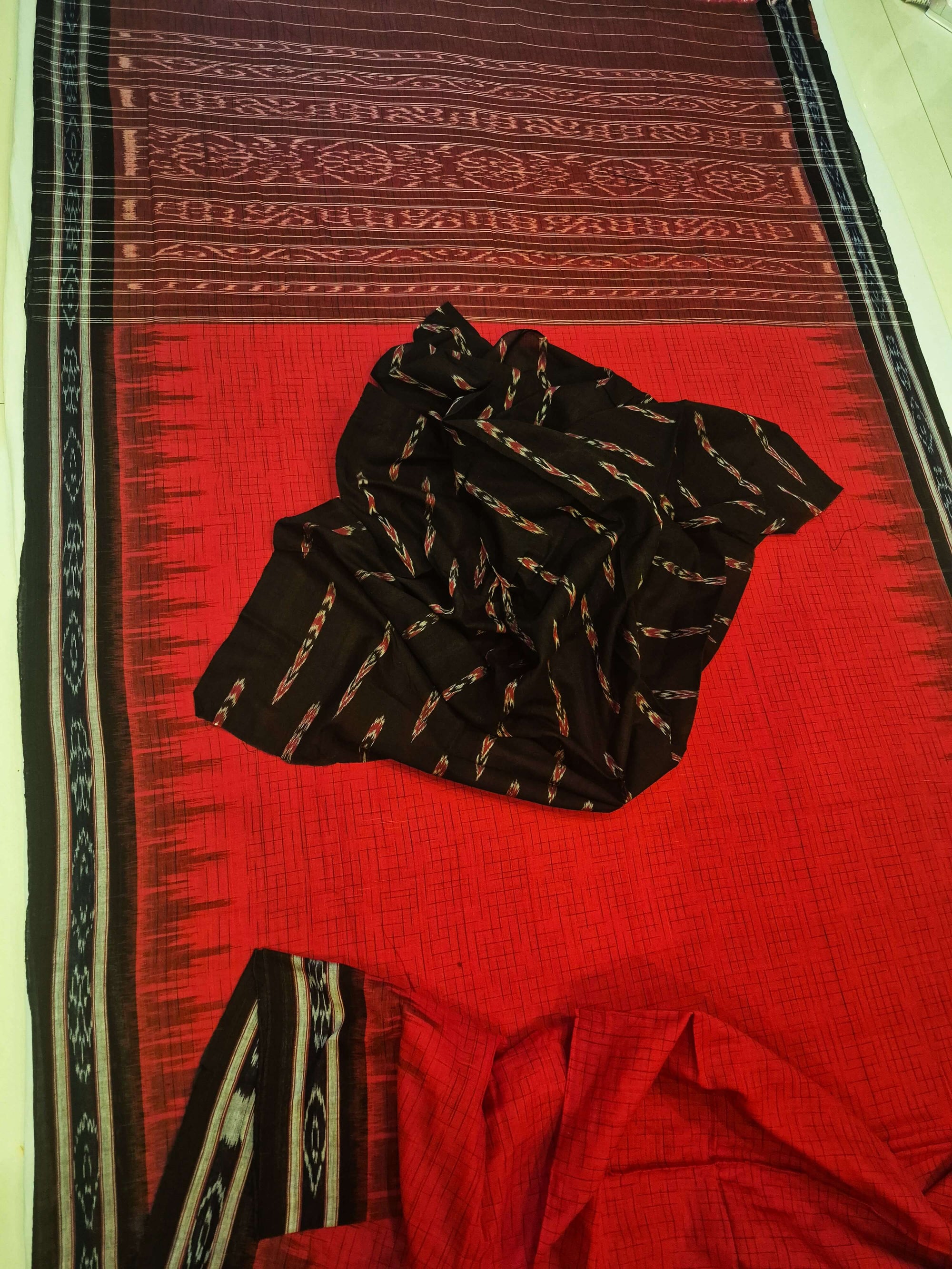 Red with Black Cotton Odisha Ikat saree with mix match cotton ikat blouse piece