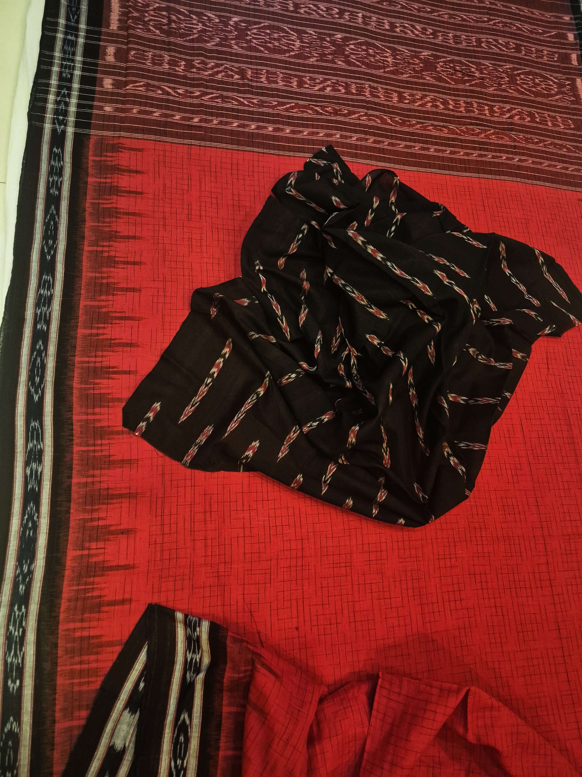 Red with Black Cotton Odisha Ikat saree with mix match cotton ikat blouse piece