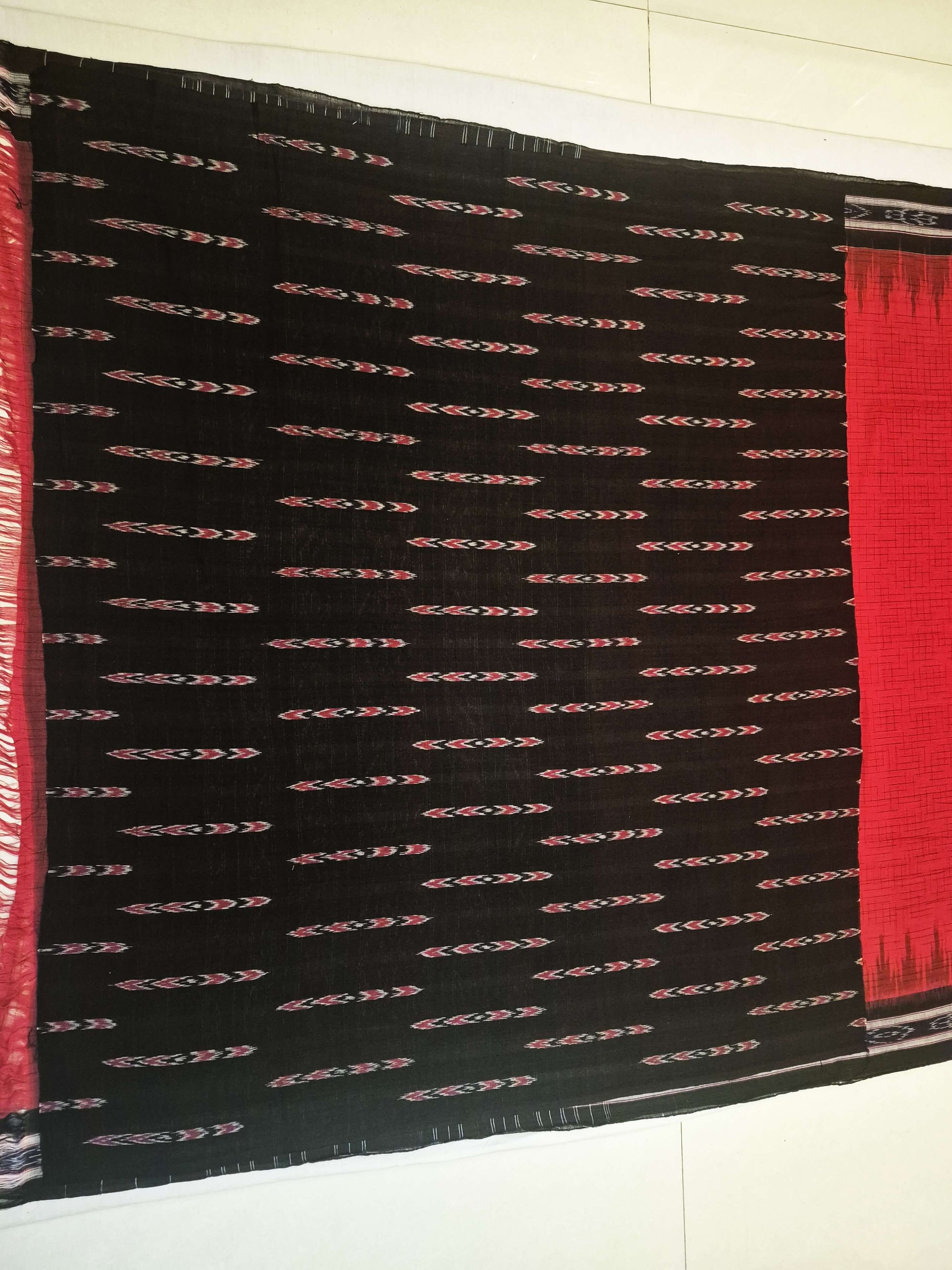 Red with Black Cotton Odisha Ikat saree with mix match cotton ikat blouse piece