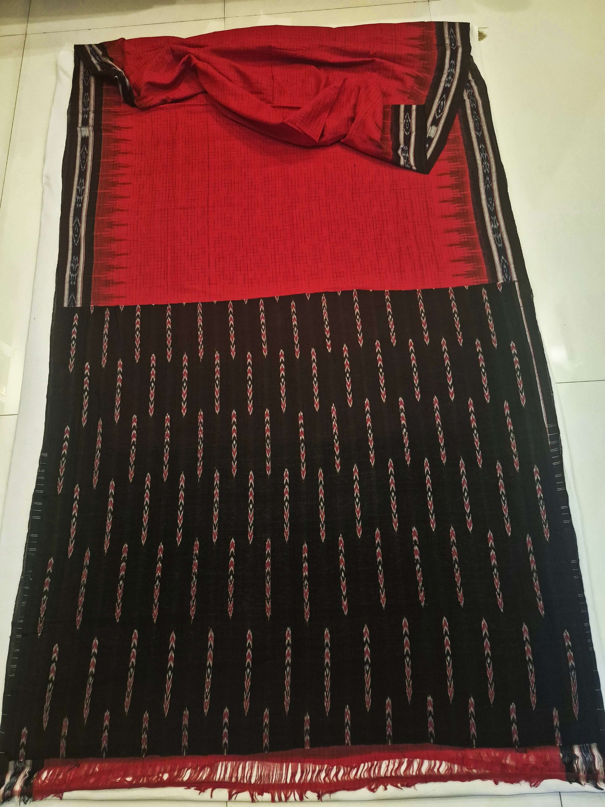 Red with Black Cotton Odisha Ikat saree with mix match cotton ikat blouse piece