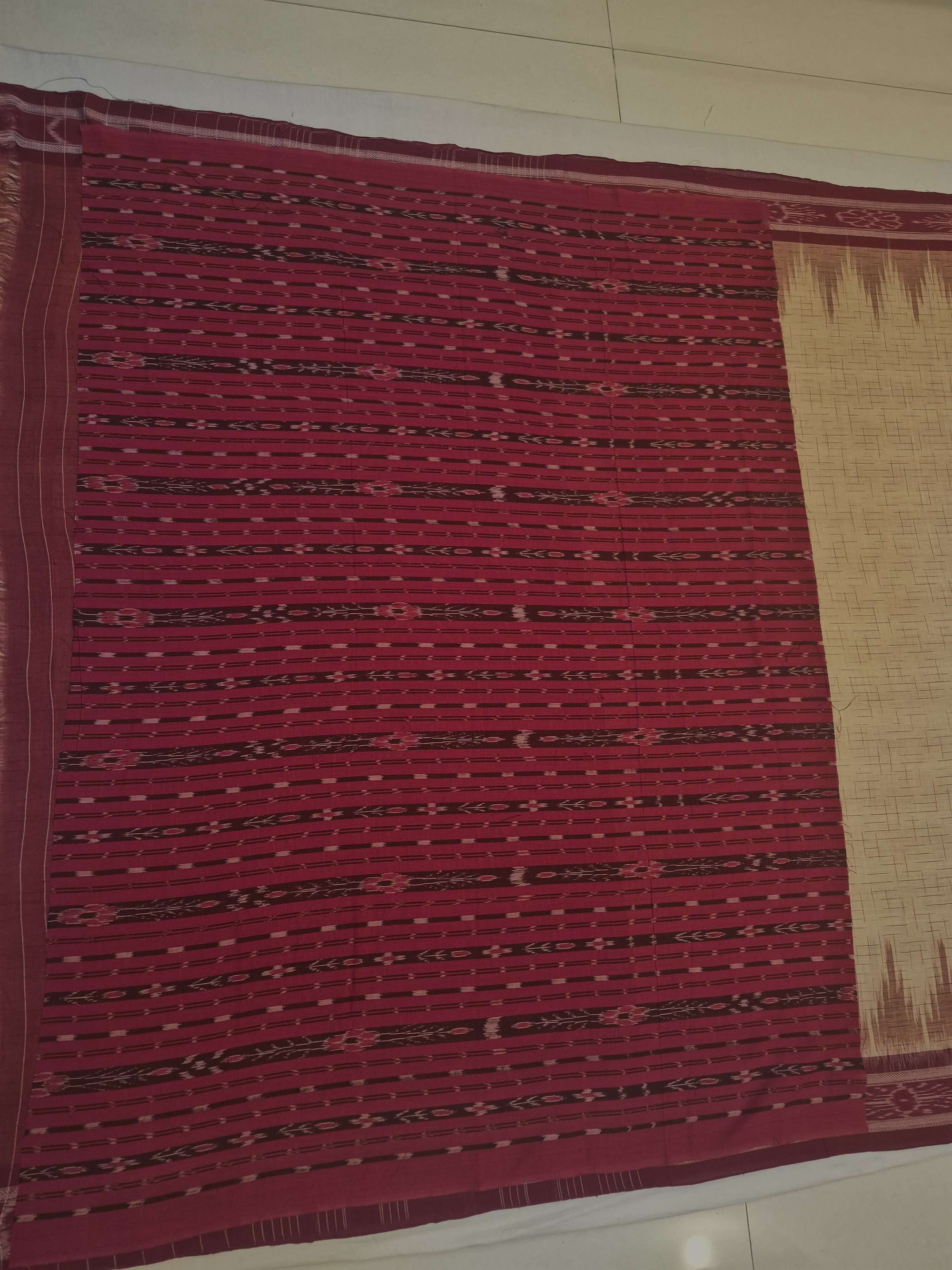 Beige with Maroon Cotton Odisha Ikat saree with mix match cotton ikat blouse piece