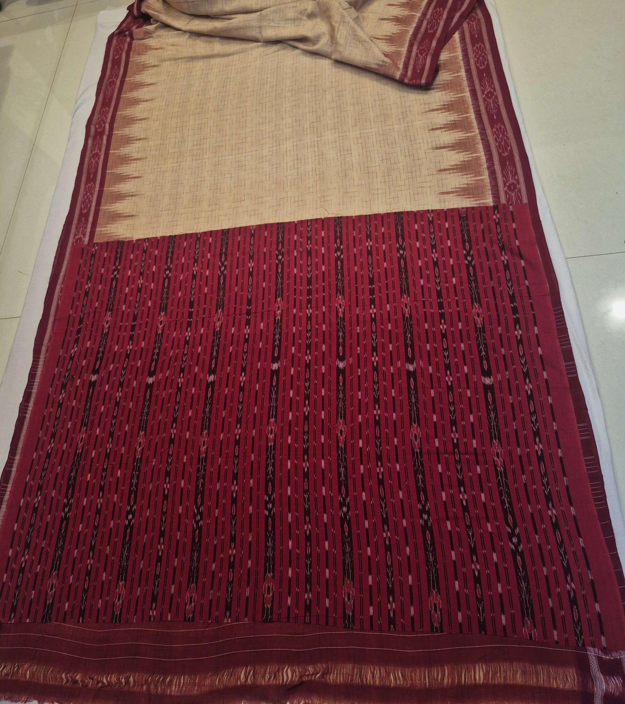 Beige with Maroon Cotton Odisha Ikat saree with mix match cotton ikat blouse piece