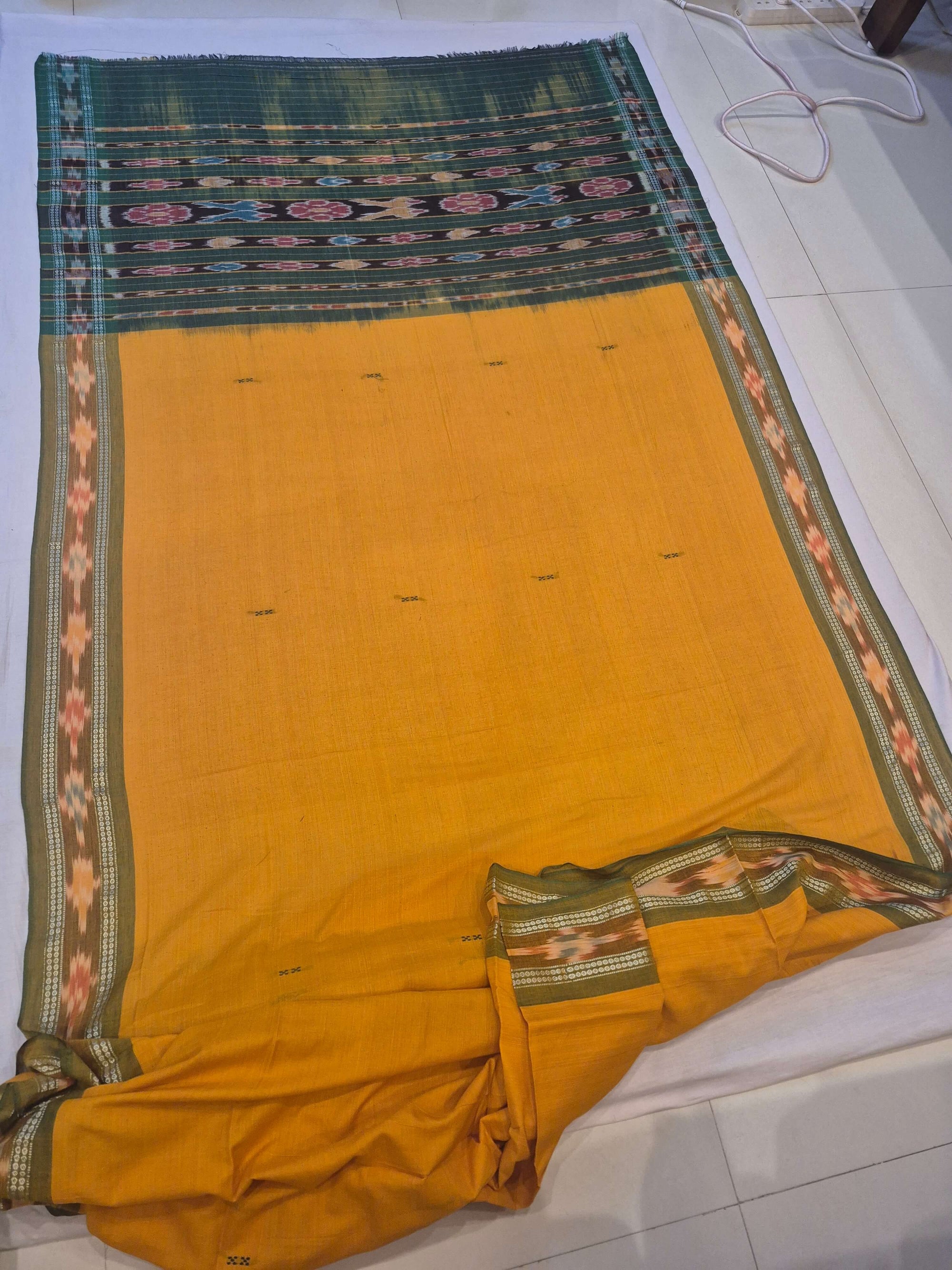 Yellow Cotton Odisha Ikat saree  with mix match cotton ikat blouse