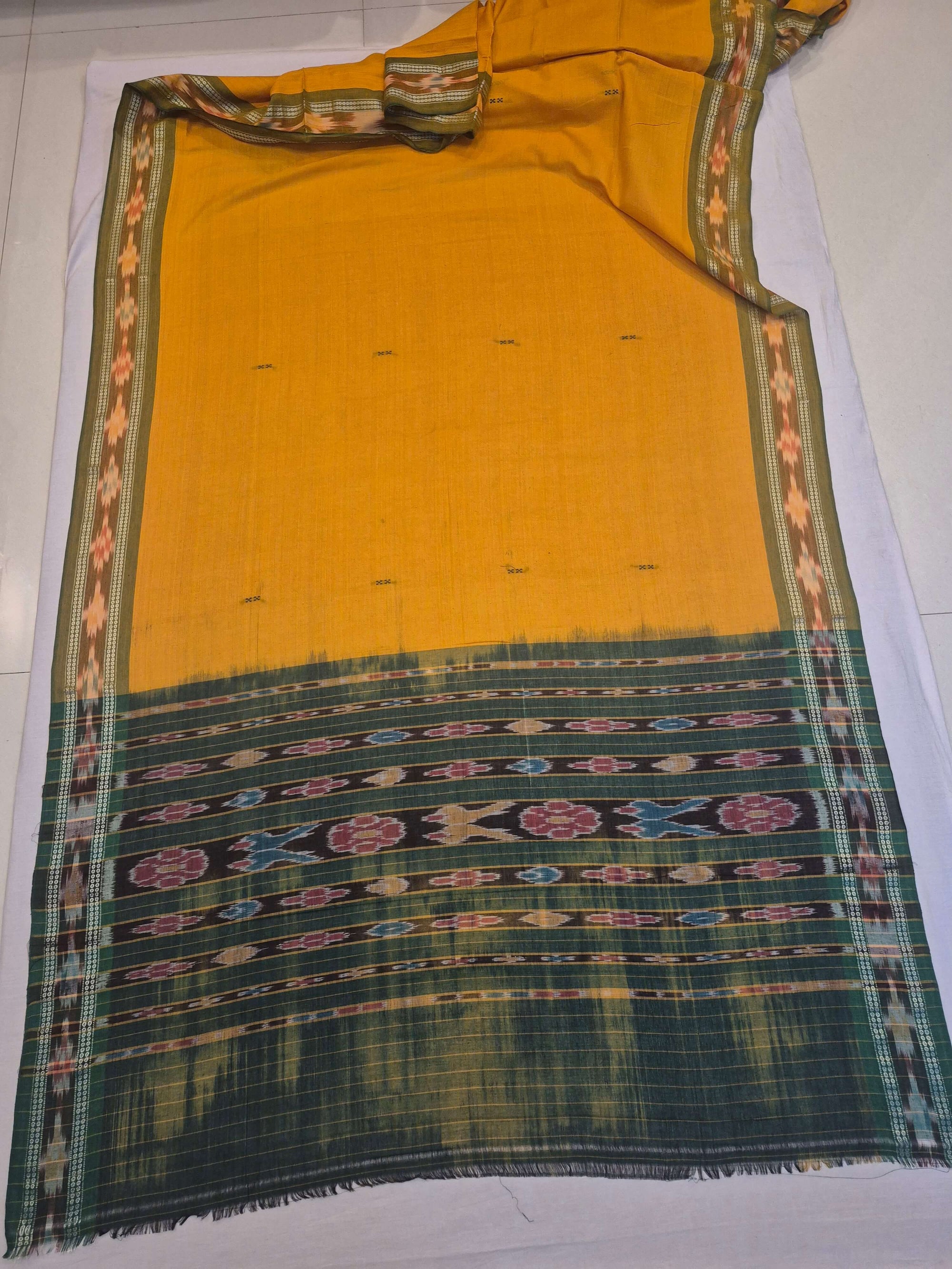 Yellow Cotton Odisha Ikat saree  with mix match cotton ikat blouse