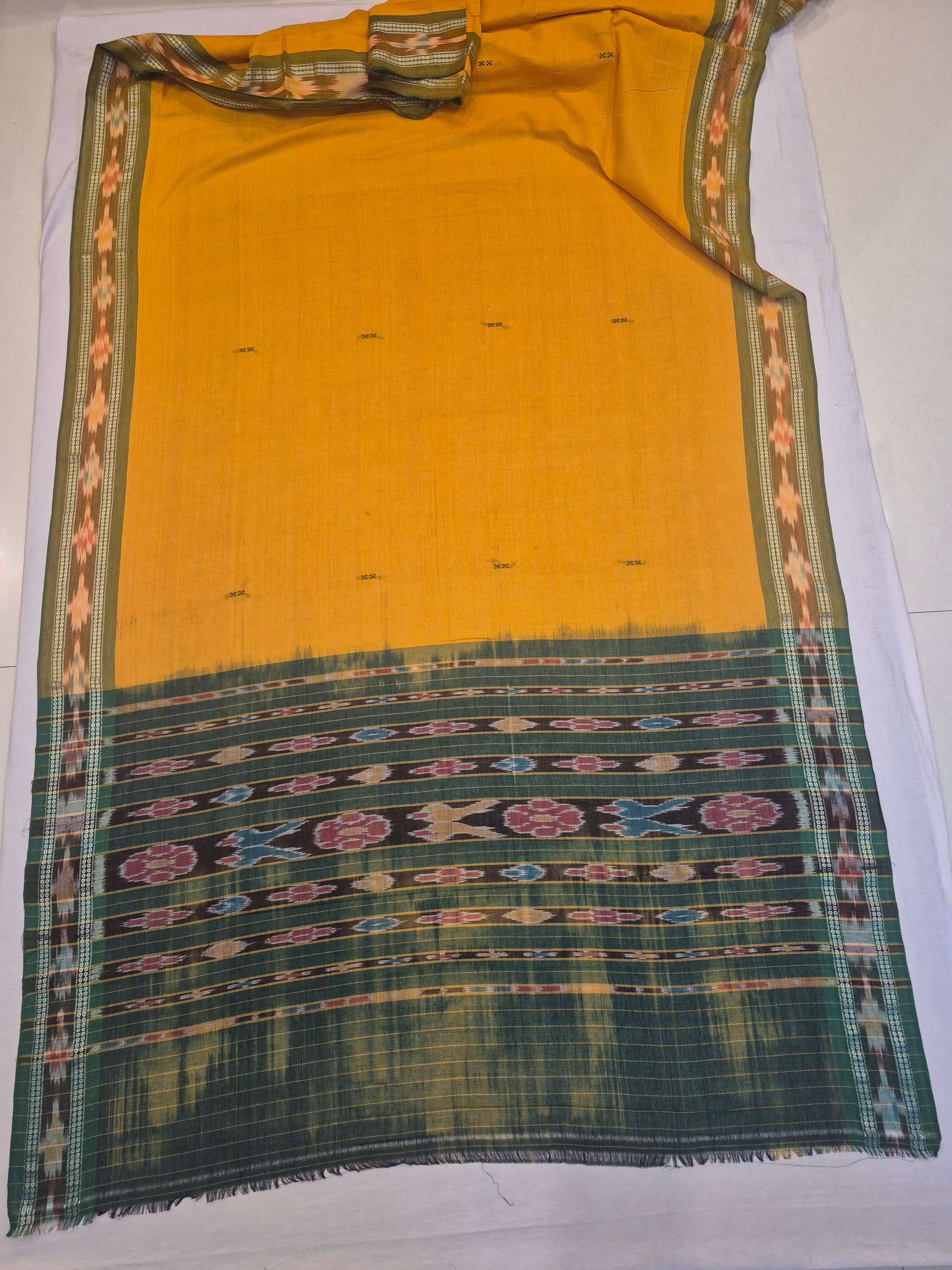 Yellow Cotton Odisha Ikat saree  with mix match cotton ikat blouse