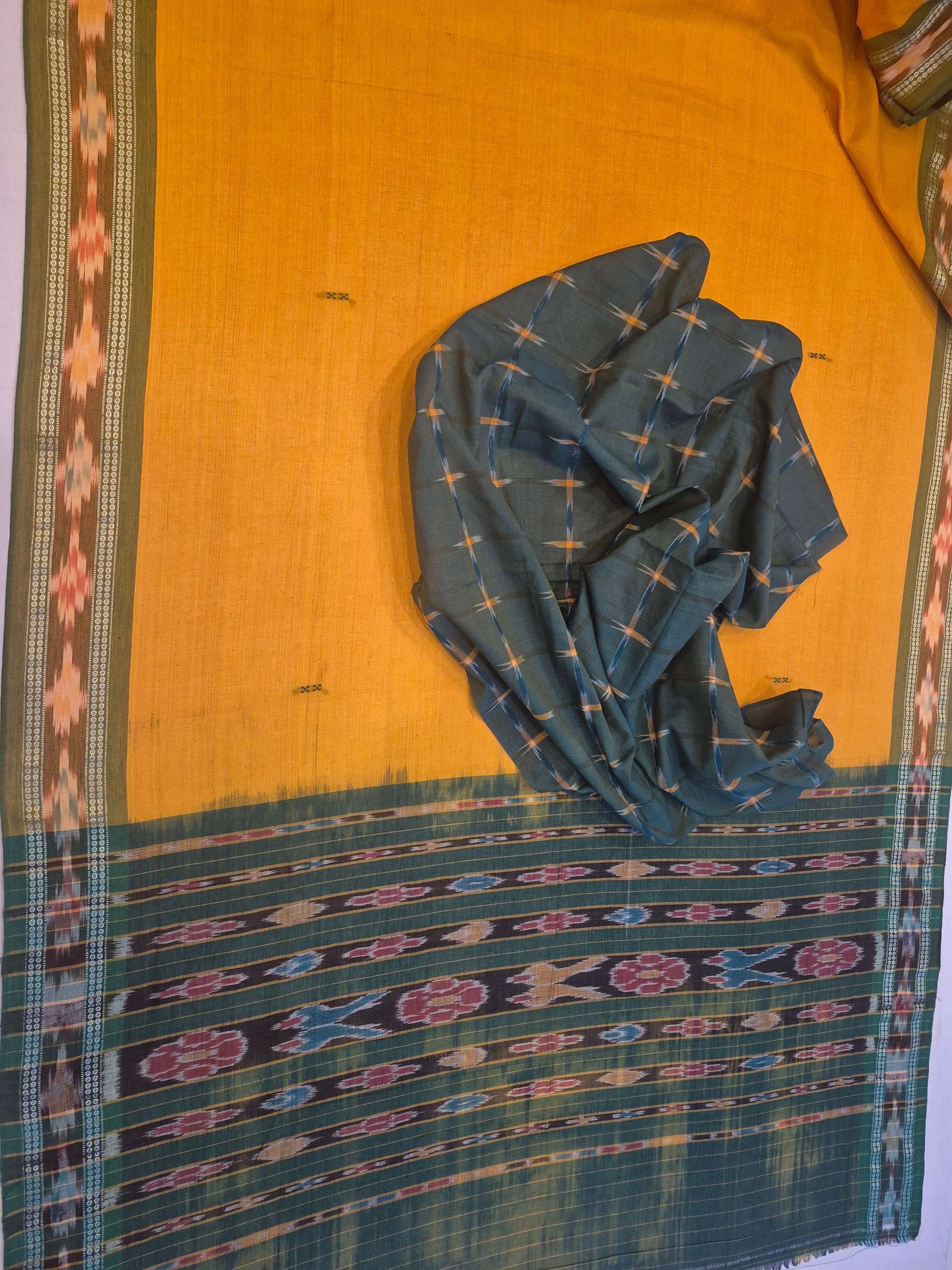 Yellow Cotton Odisha Ikat saree  with mix match cotton ikat blouse