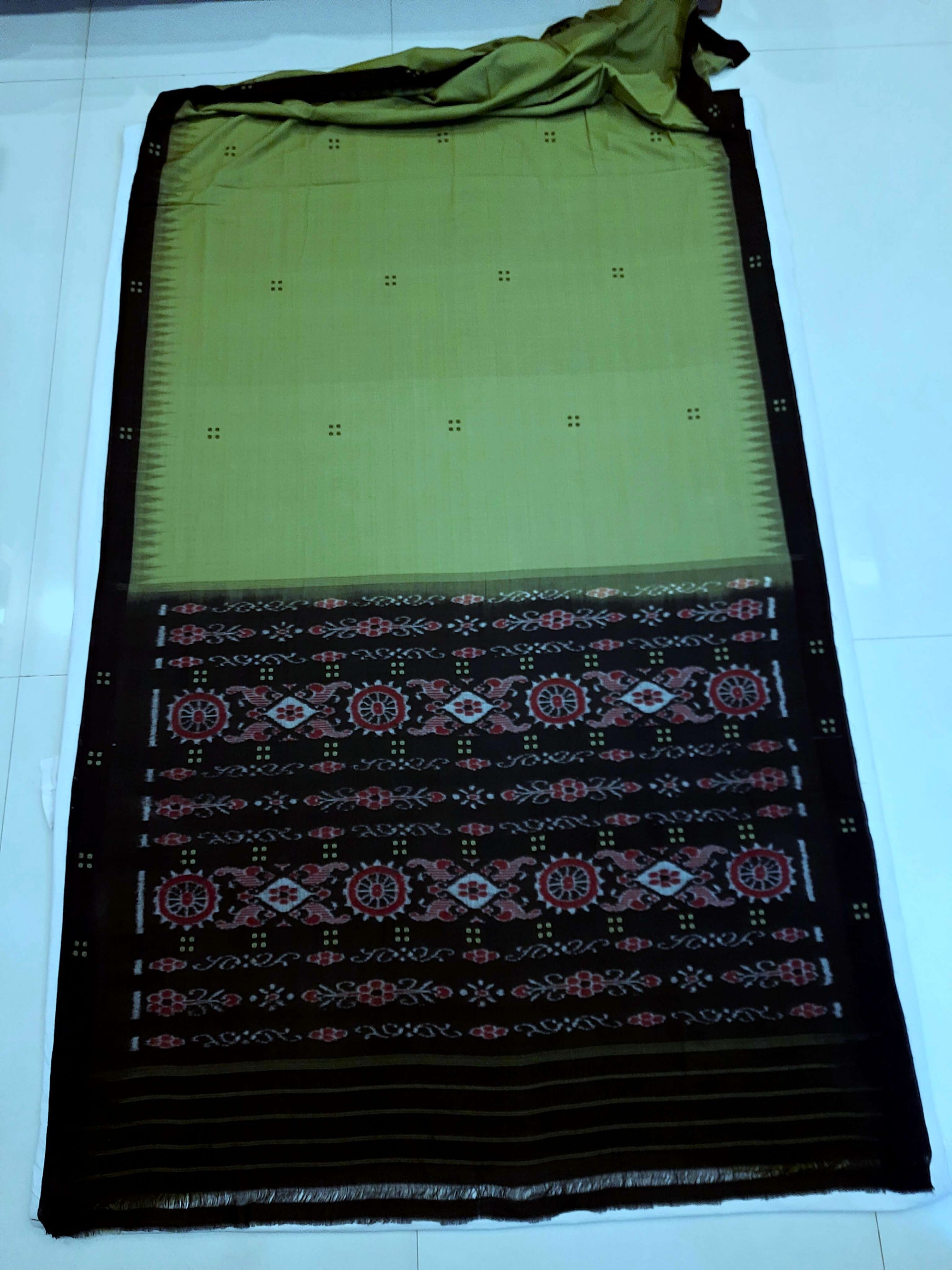 Green with Black Cotton Odisha Ikat saree with cotton ikat blouse piece