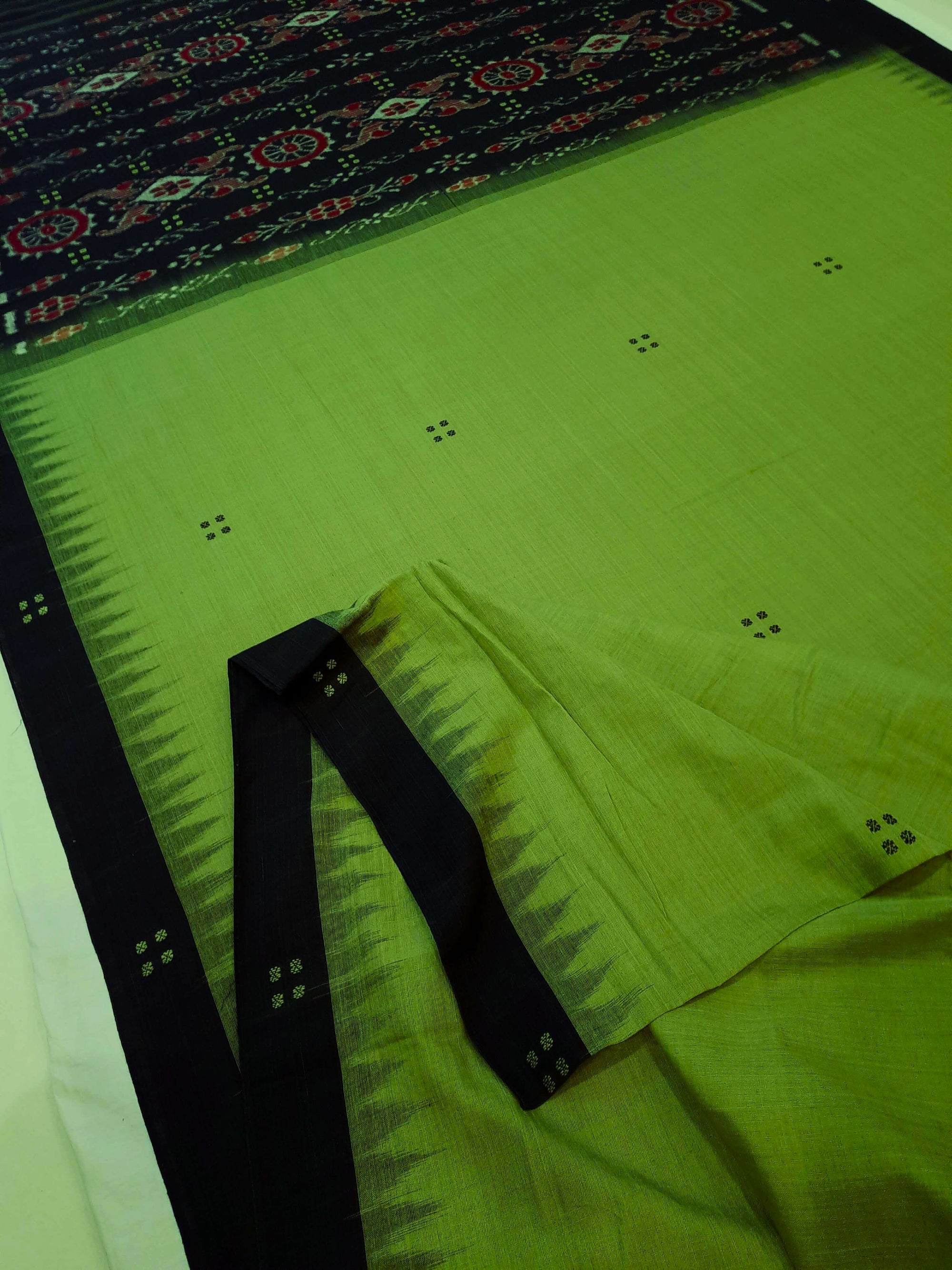 Green with Black Cotton Odisha Ikat saree with cotton ikat blouse piece