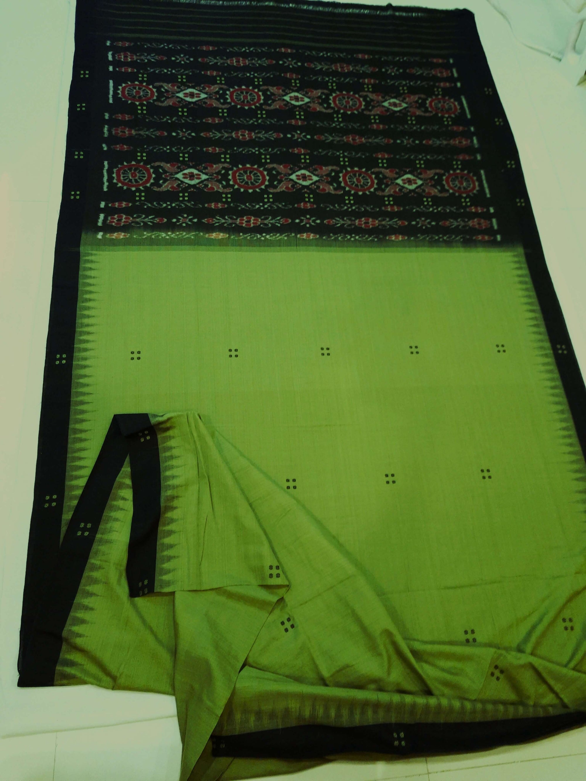 Green with Black Cotton Odisha Ikat saree with cotton ikat blouse piece