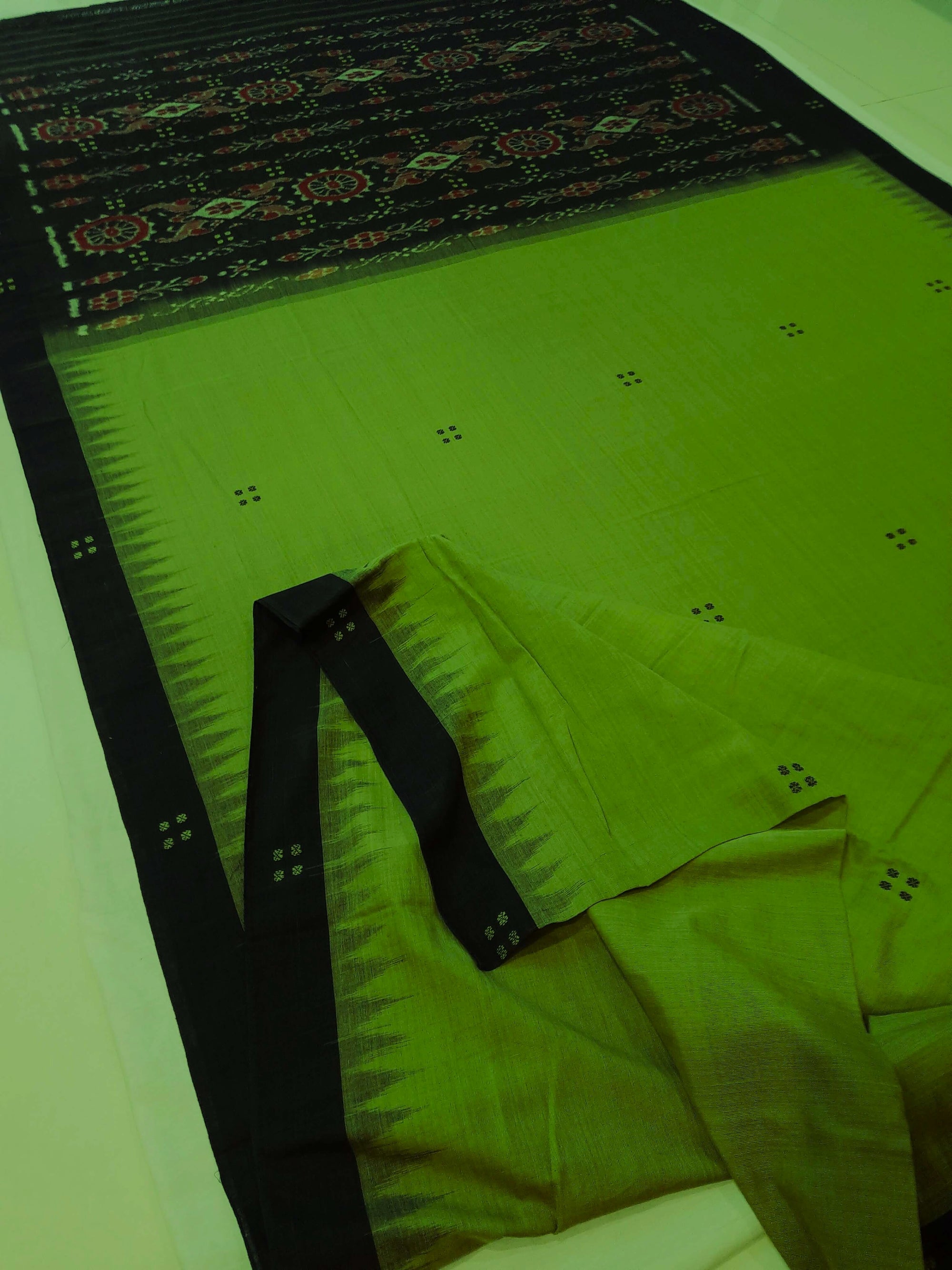 Green with Black Cotton Odisha Ikat saree with cotton ikat blouse piece