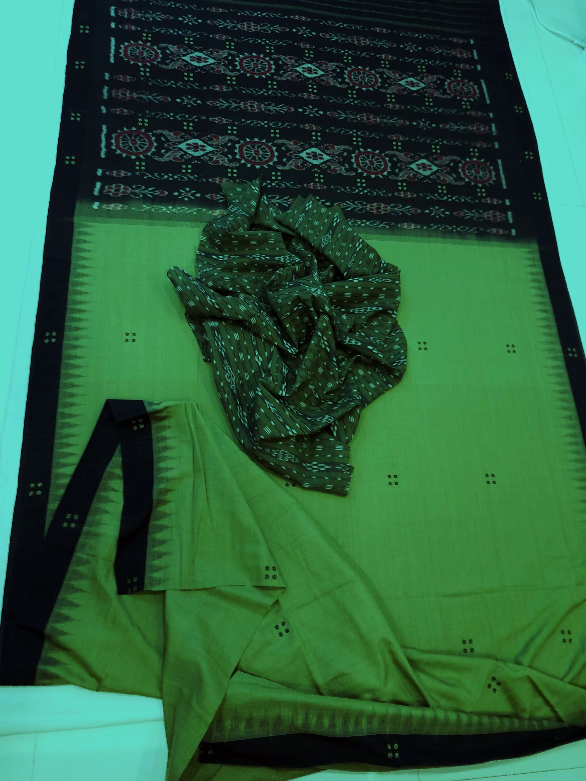 Green with Black Cotton Odisha Ikat saree with cotton ikat blouse piece