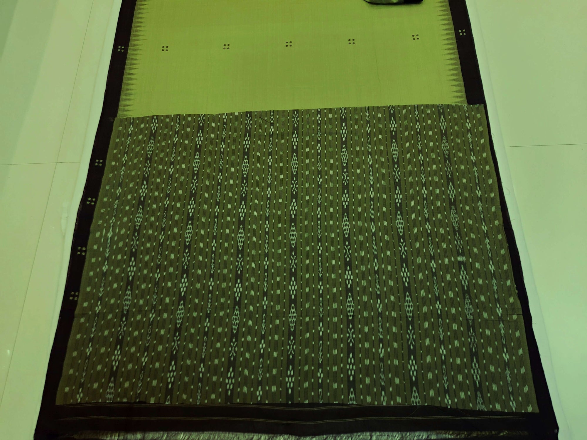 Green with Black Cotton Odisha Ikat saree with cotton ikat blouse piece