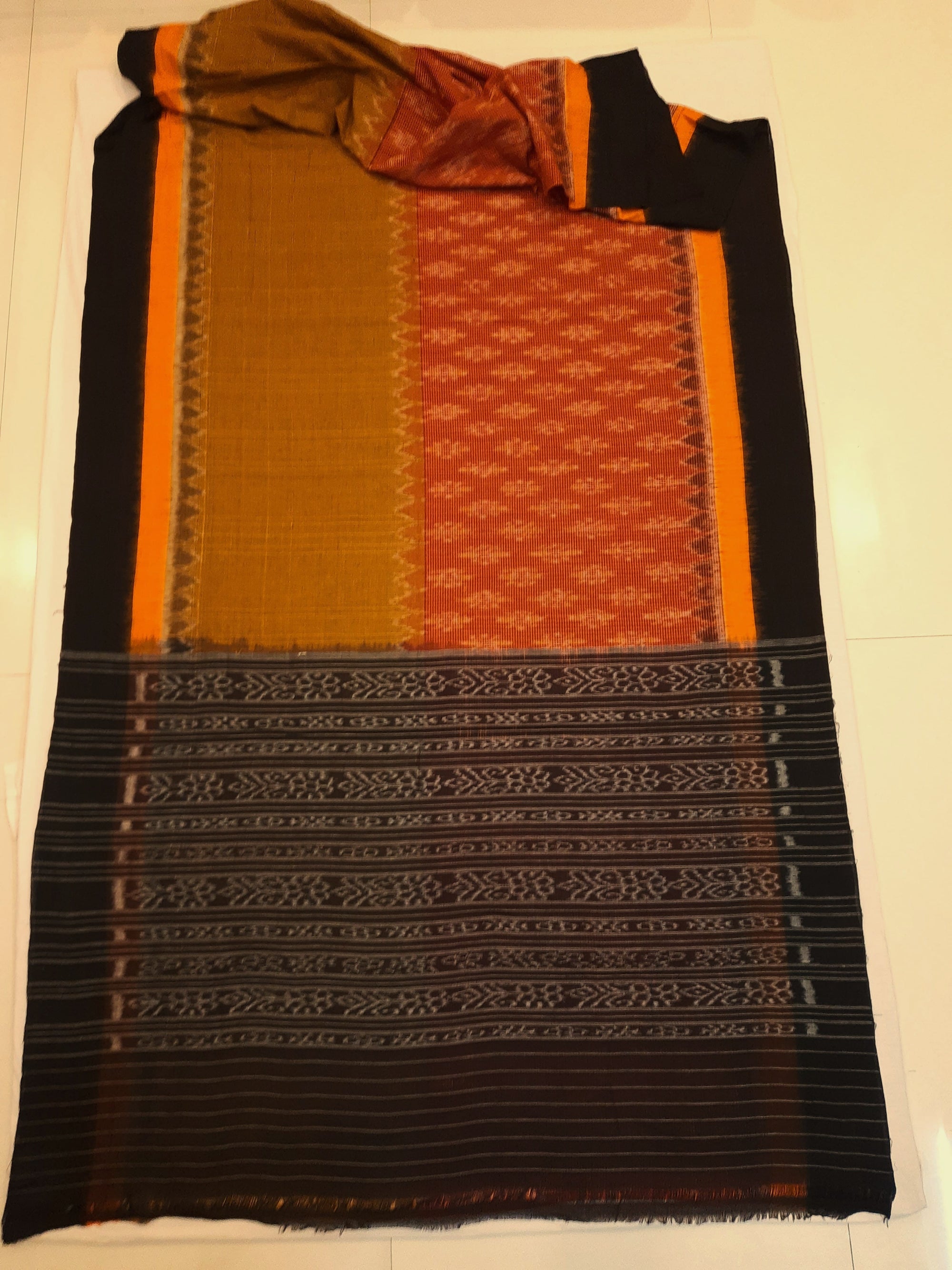 Maroon Mustard half half coloured body Odisha Ikat saree with cotton ikat blouse piece