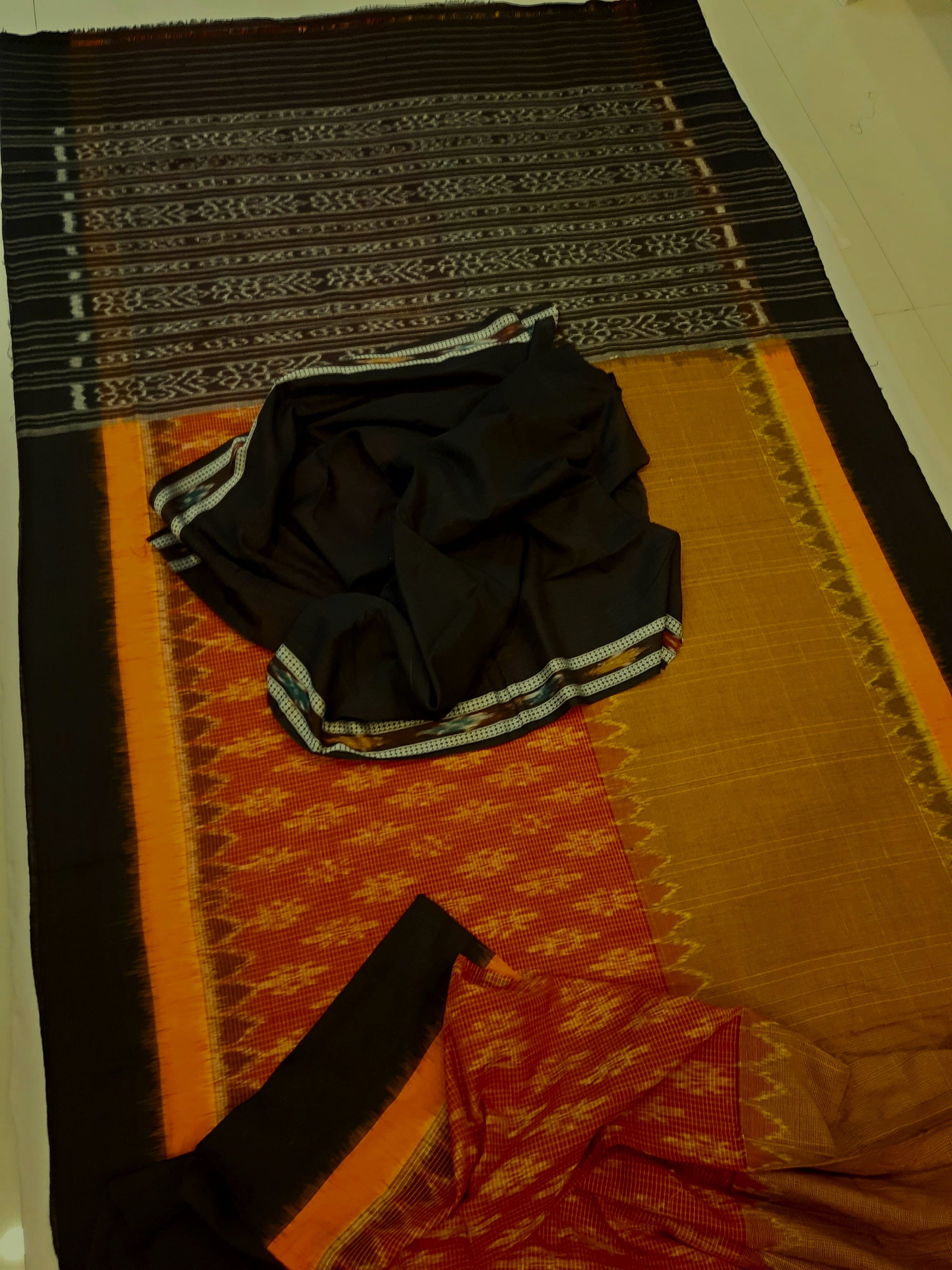 Maroon Mustard half half coloured body Odisha Ikat saree with cotton ikat blouse piece